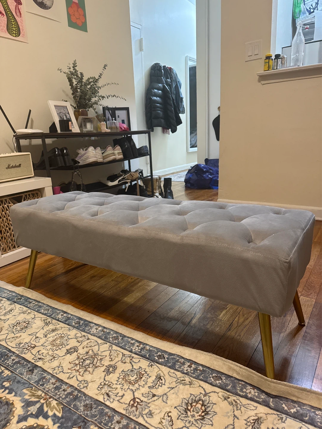 Tufted Upholstered Bench with Gold Legs