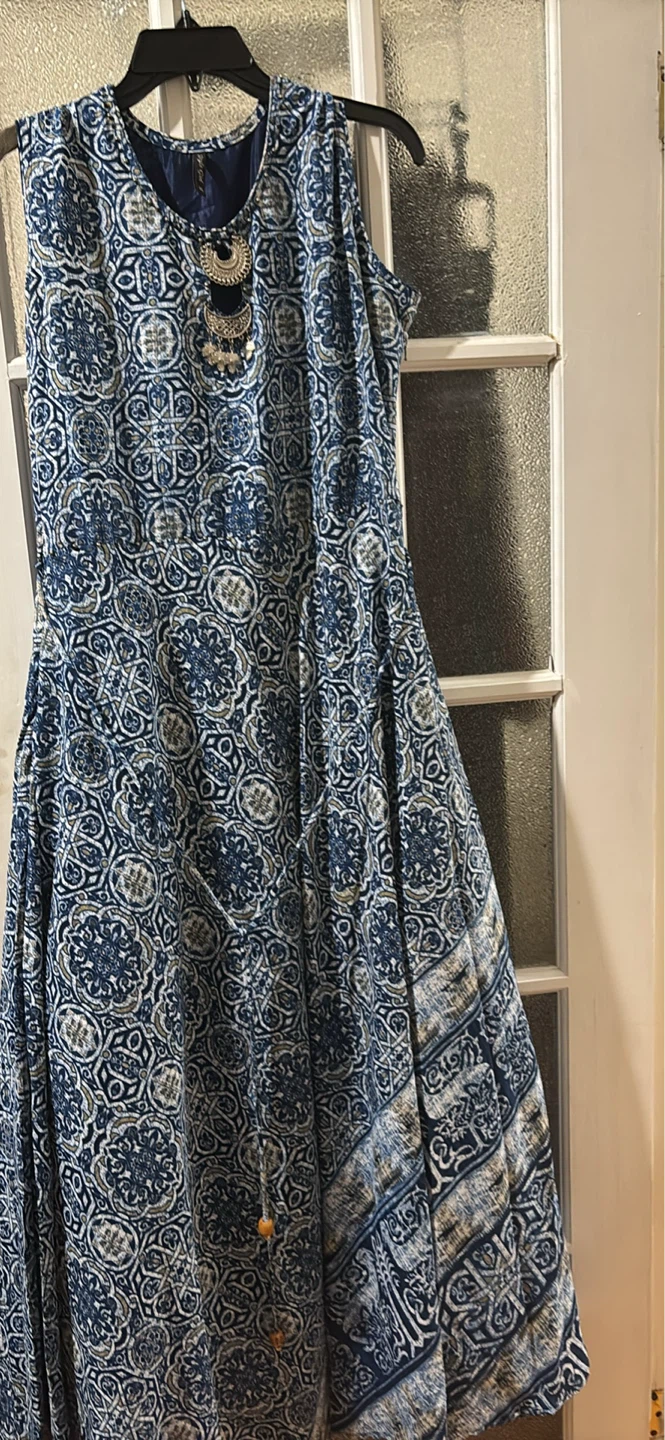 Blue and White Patterned Maxi Dress