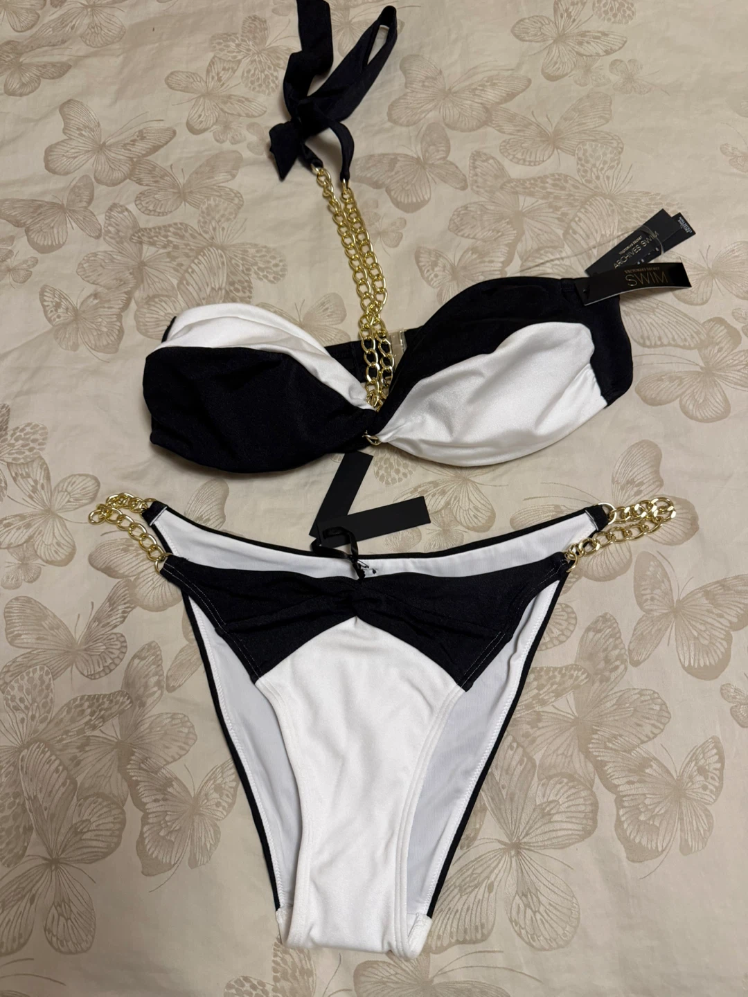 Women's Black & White Bikini Set with Gold Chain Detail
