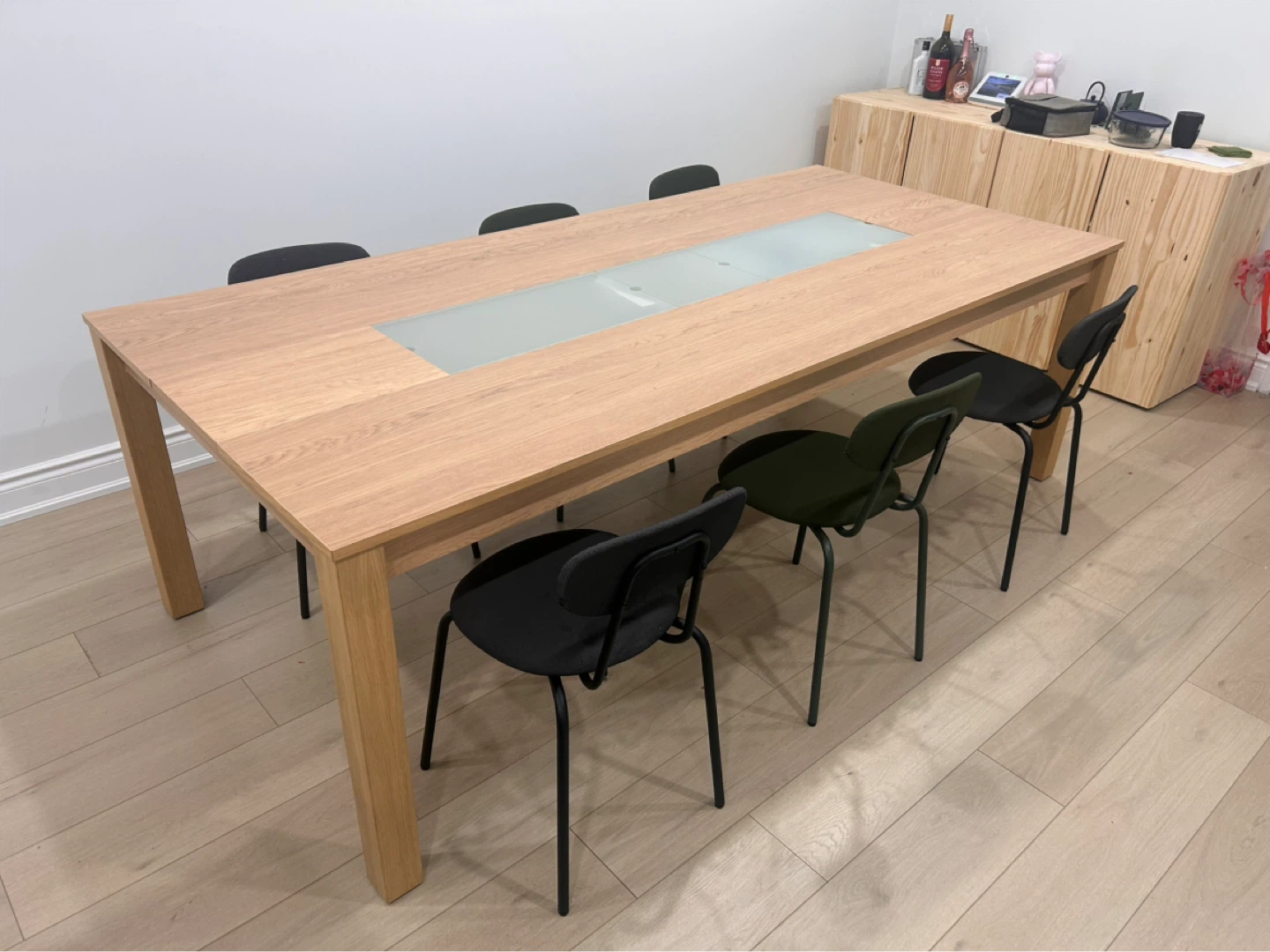 Solid Oak Dining Table with Frosted Glass Panel - photo 2
