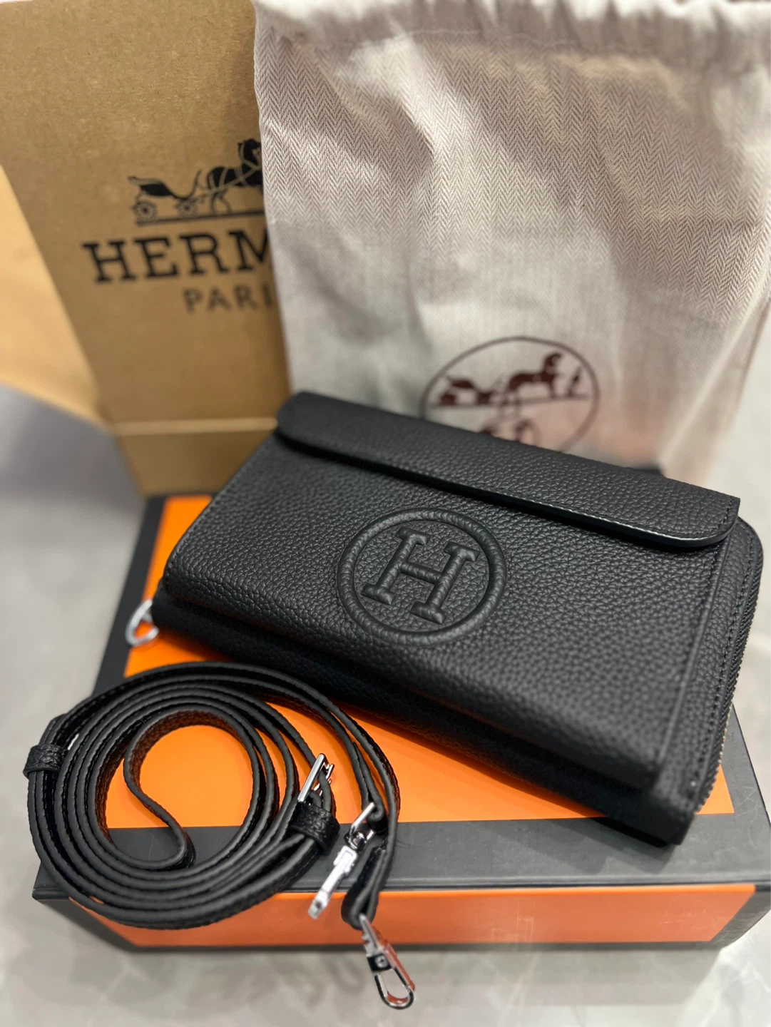 Hermes Black Leather Wallet with Strap