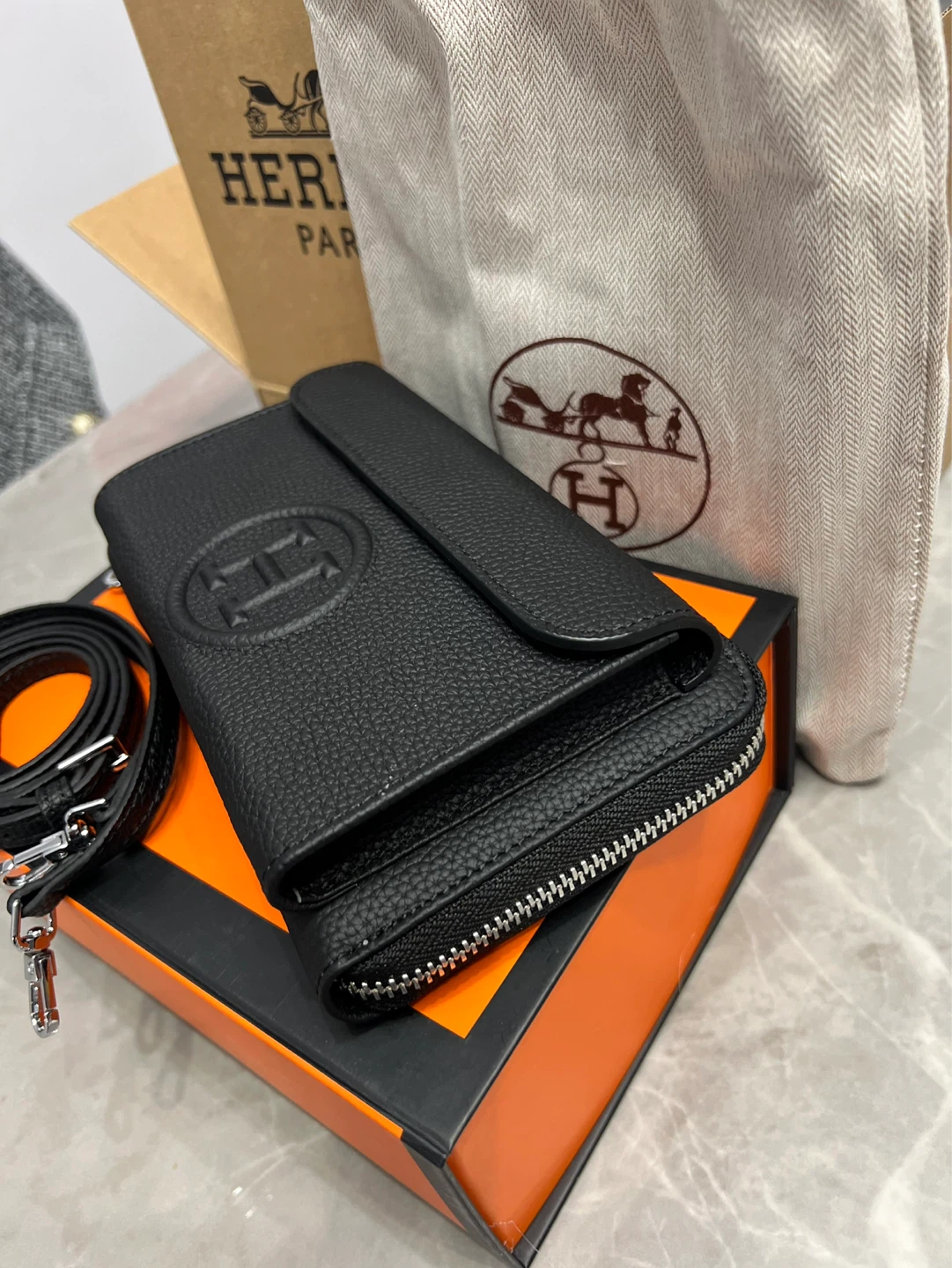 Hermes Black Leather Wallet with Strap - photo 2