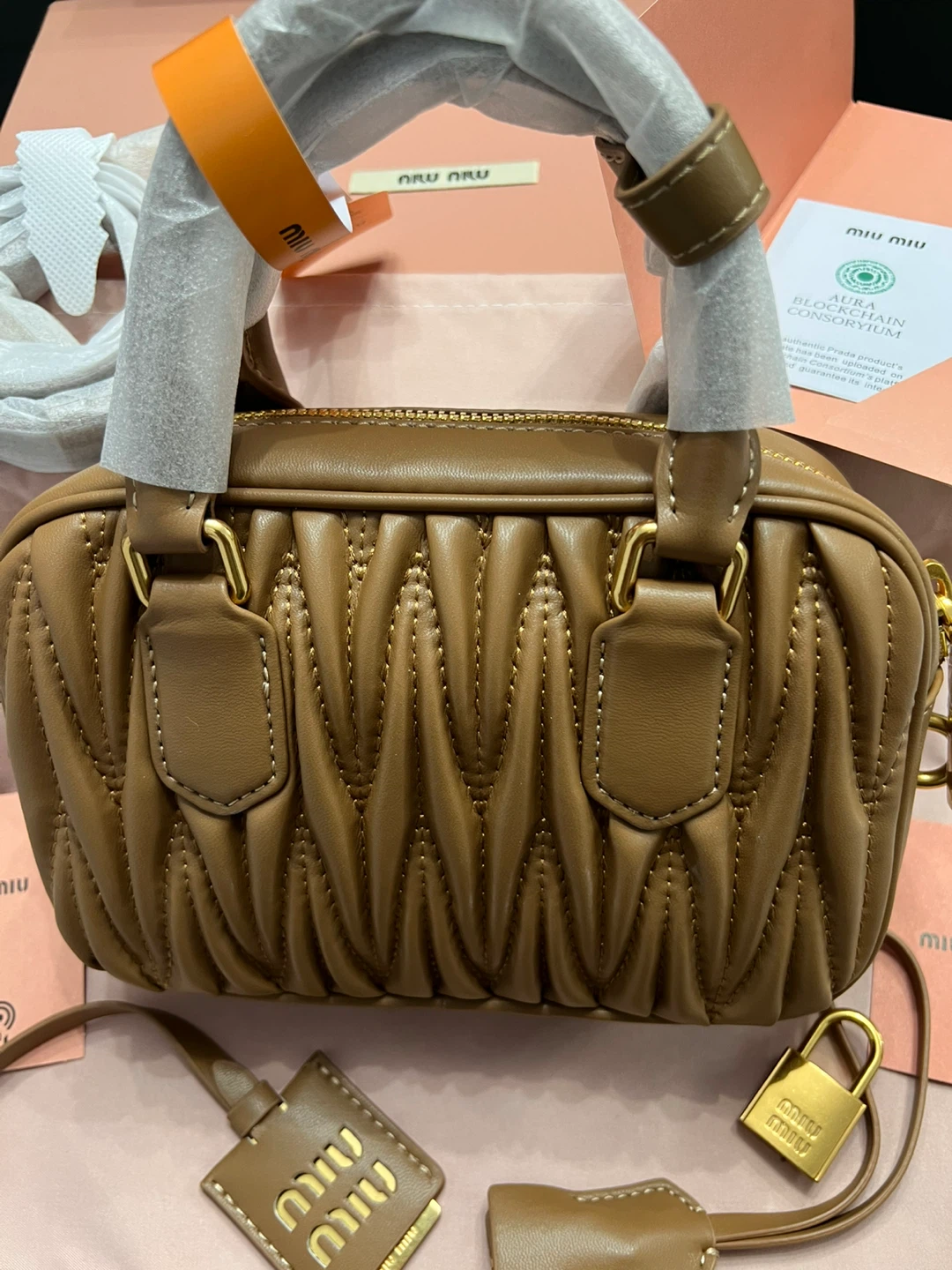 Miu Miu Leather Matelassé Shoulder Bag - Cognac - photo 2