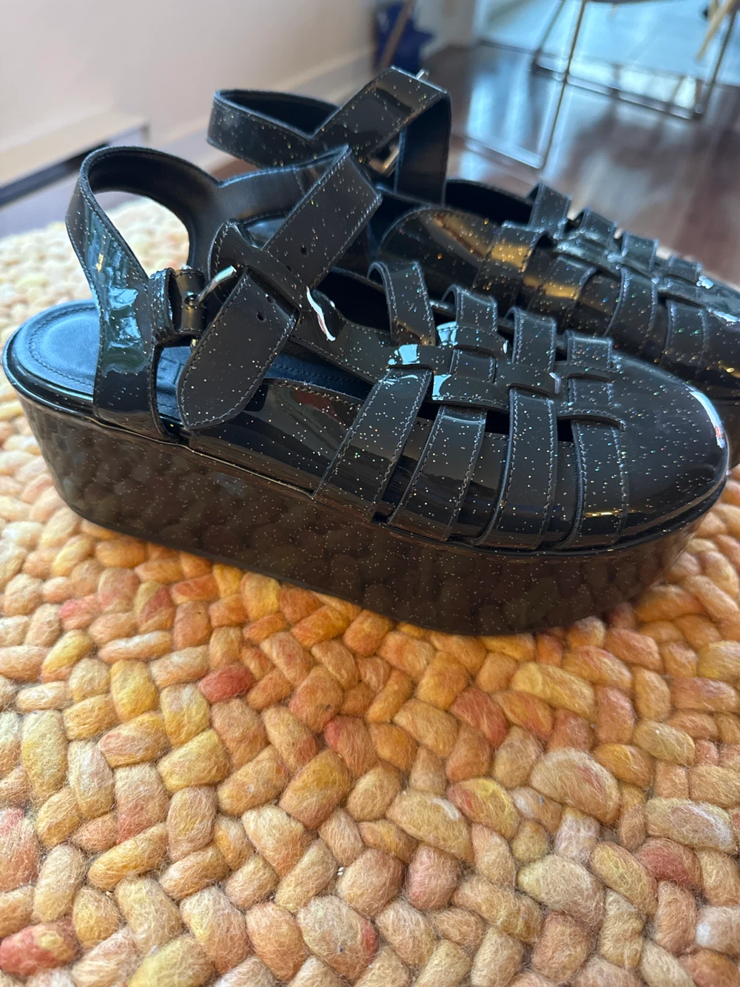 Loewe Black Glitter Platform Jelly Sandals