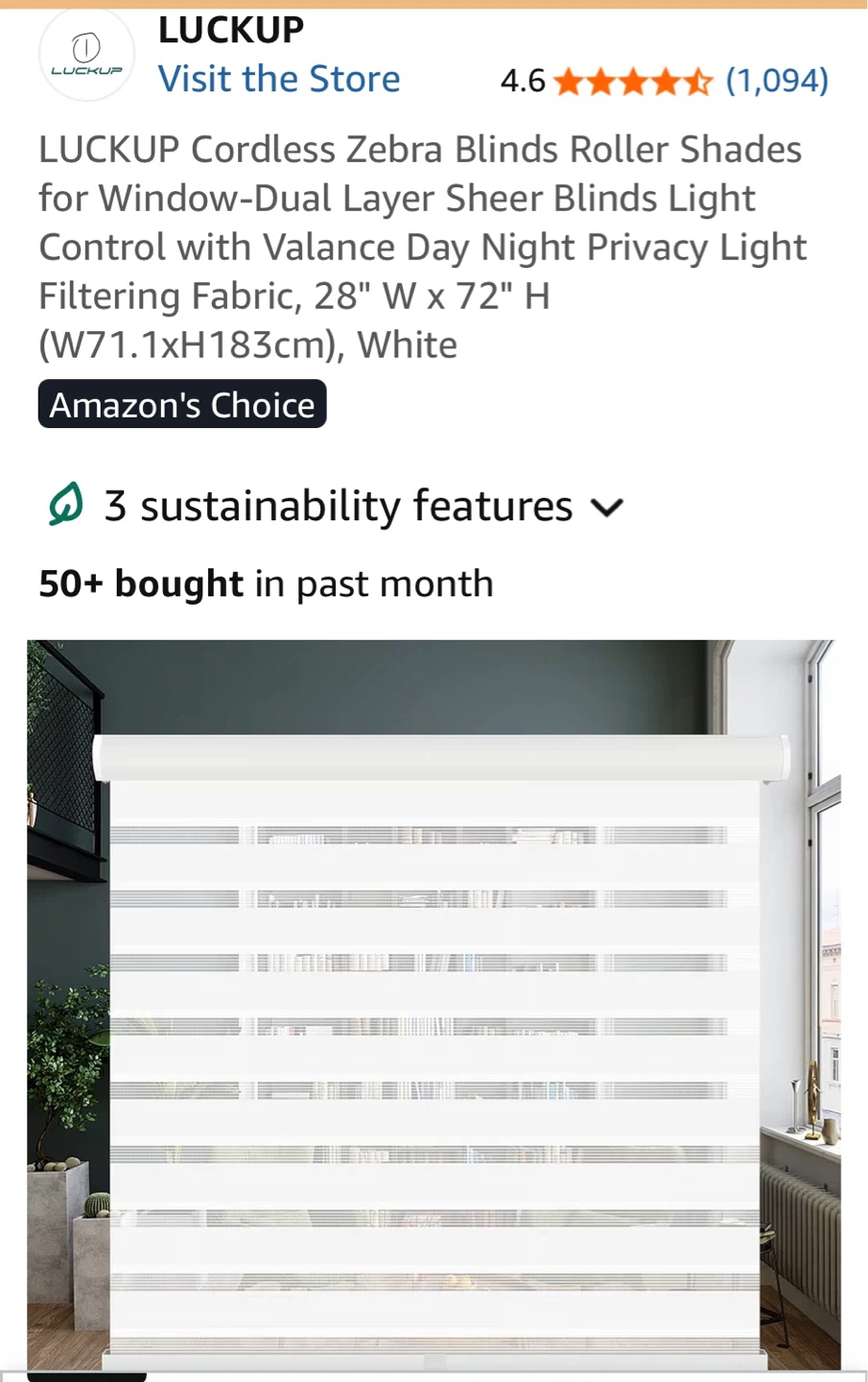 LUCKUP Cordless Zebra Blinds Roller Shades 28" W x 72" H White