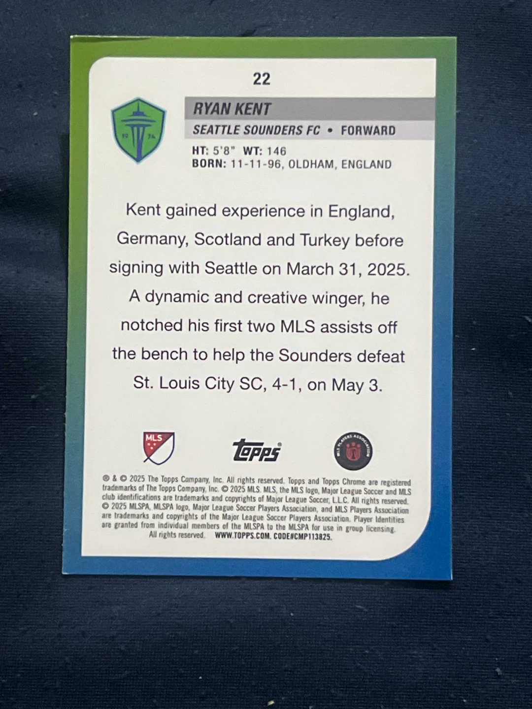2025 Topps Chrome Ryan Kent Seattle Sounders Forward 115/250 - photo 2