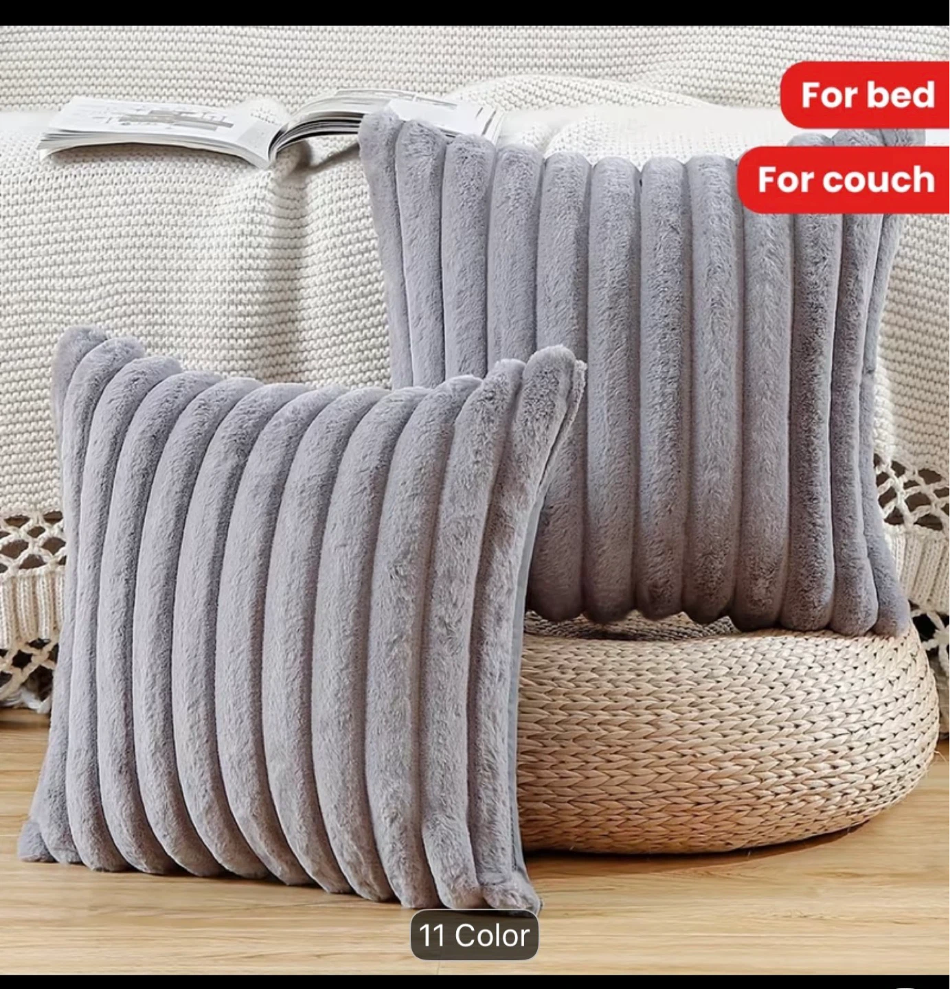 2 pcs Faux Fur Throw Pillow Cover - Light Grey