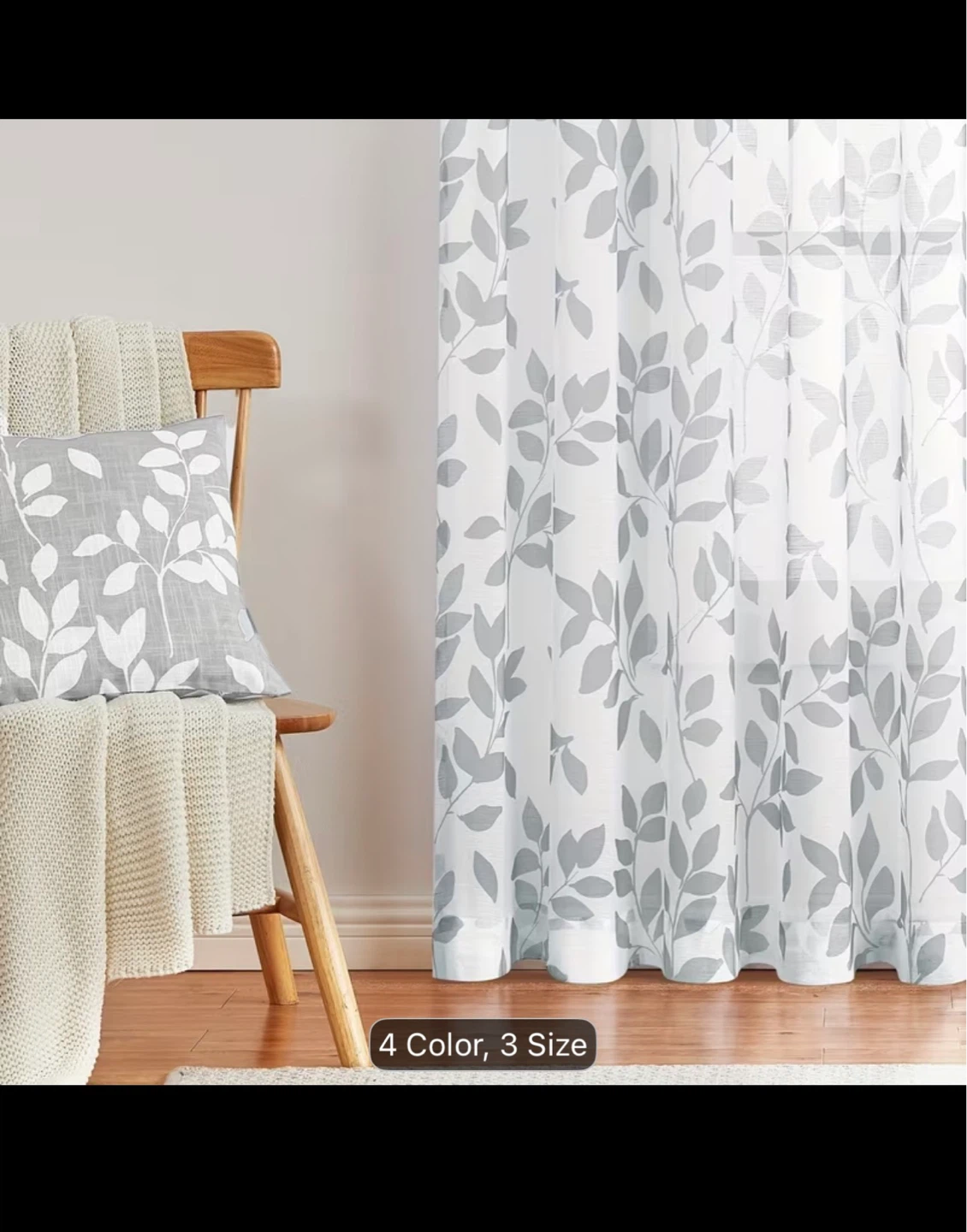 Leaf Printed White Sheer Curtain - Grey, 50"x95" - photo 2