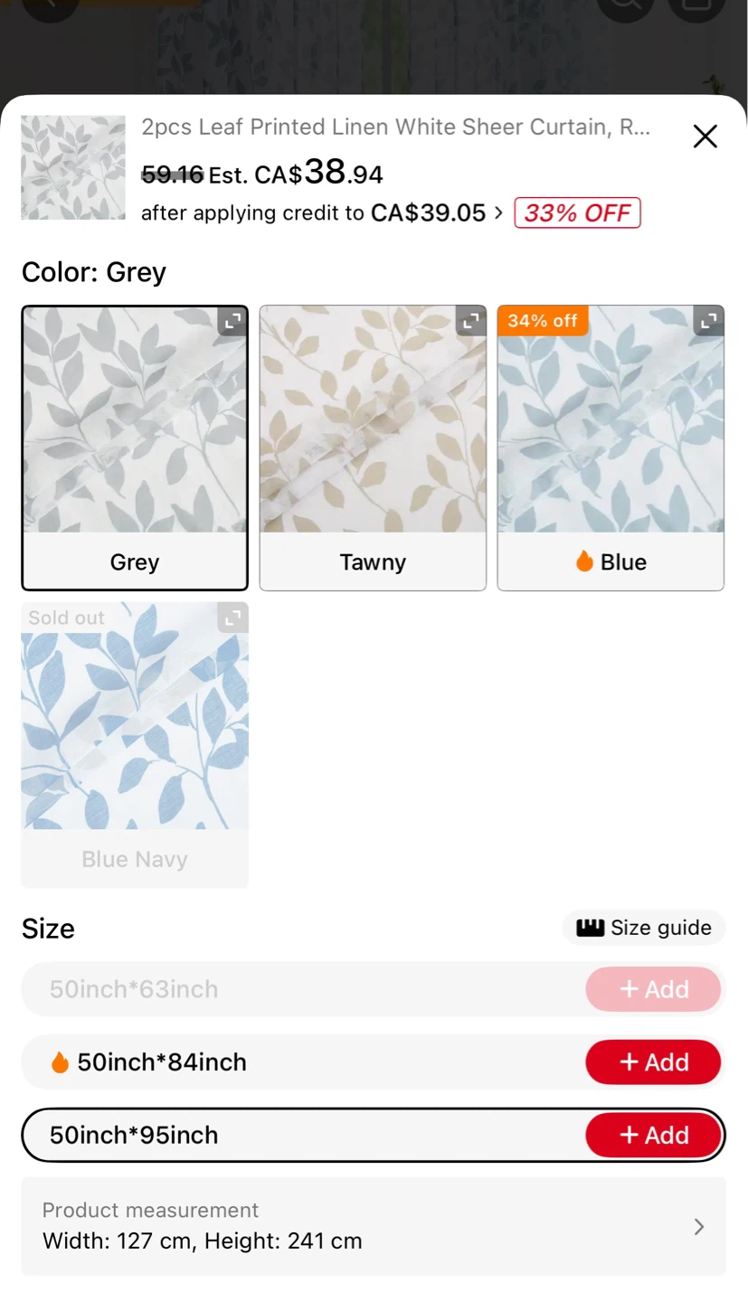 Leaf Printed White Sheer Curtain - Grey, 50"x95" - photo 5