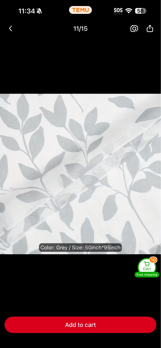 Leaf Printed White Sheer Curtain - Grey, 50"x95" - photo 3