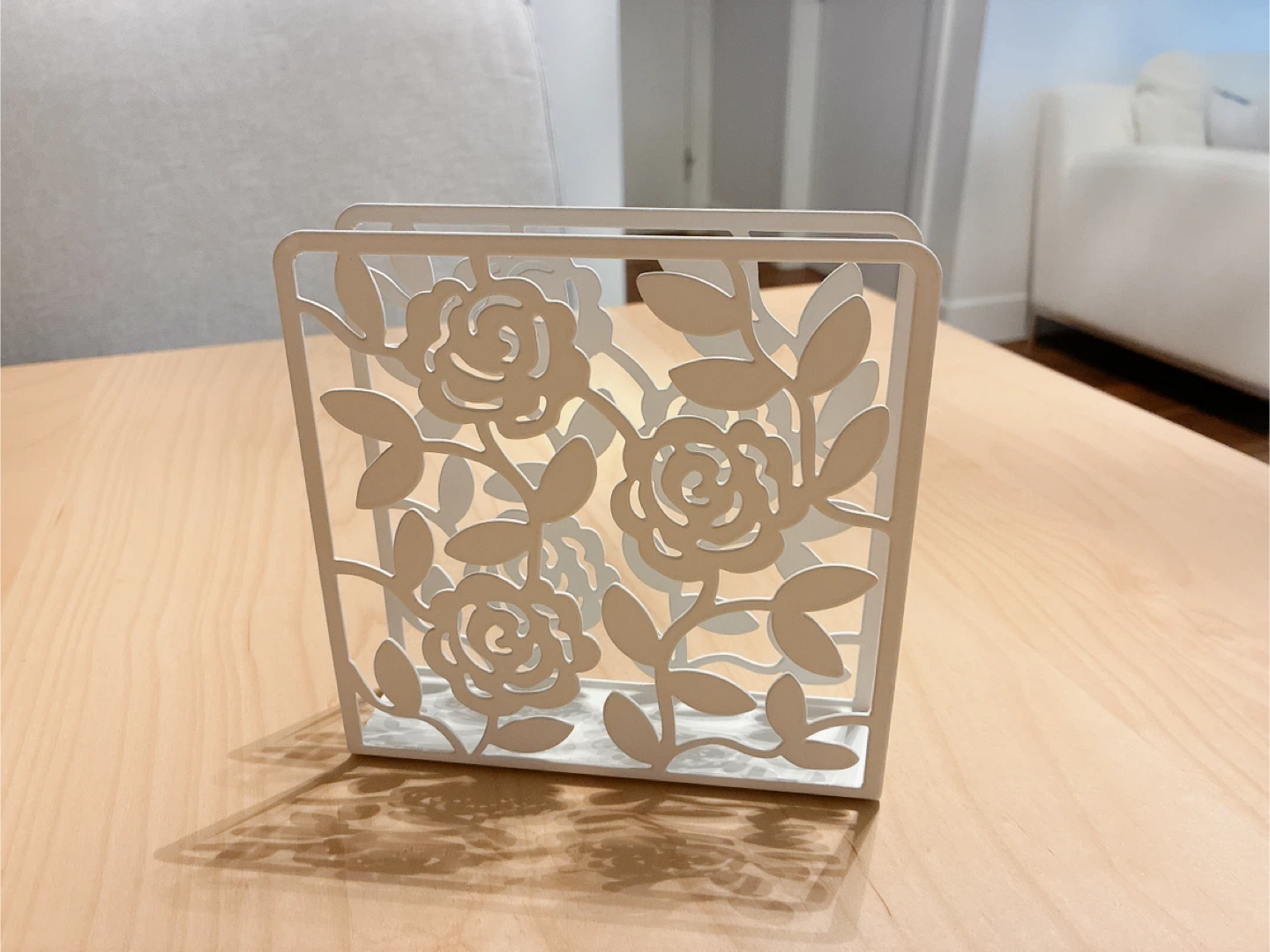 White Metal Napkin Holder with Floral Design