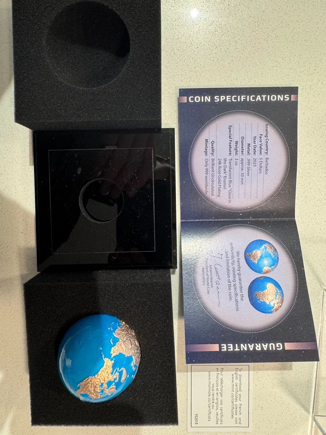 2023 Barbados Blue Marble Glow-in-the-Dark 3 oz .999 Silver Coin - photo 5