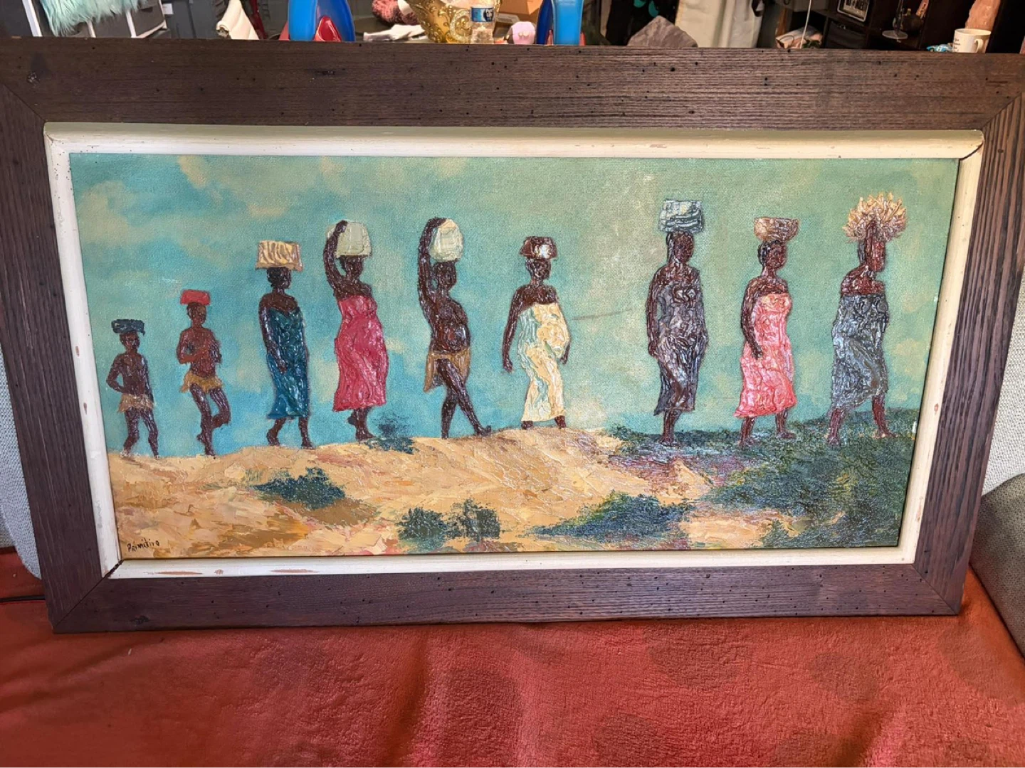Primitive Art Painting of Women Carrying Baskets