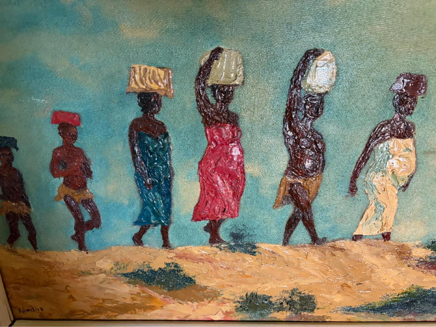 Primitive Art Painting of Women Carrying Baskets - photo 3