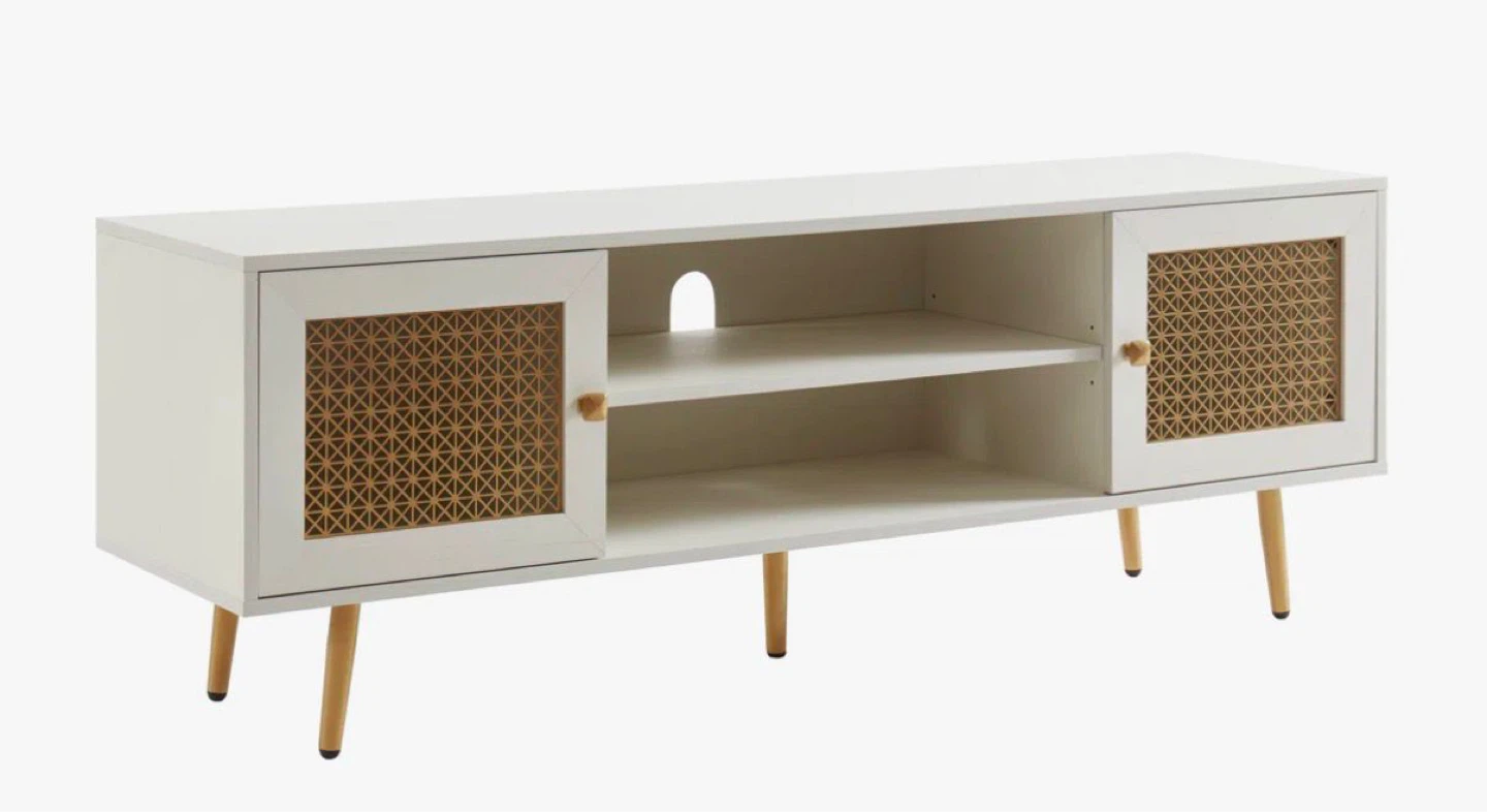 Brand new White TV Stand with Woven Doors
