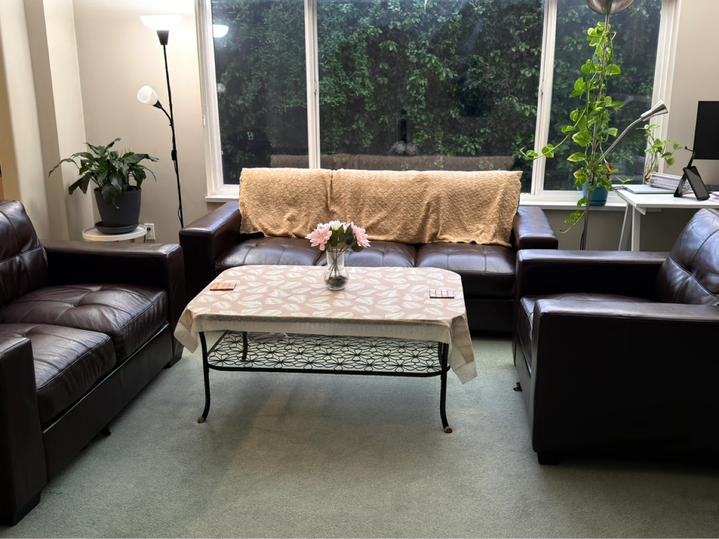 Brown Leather Sofa and Armchair Set