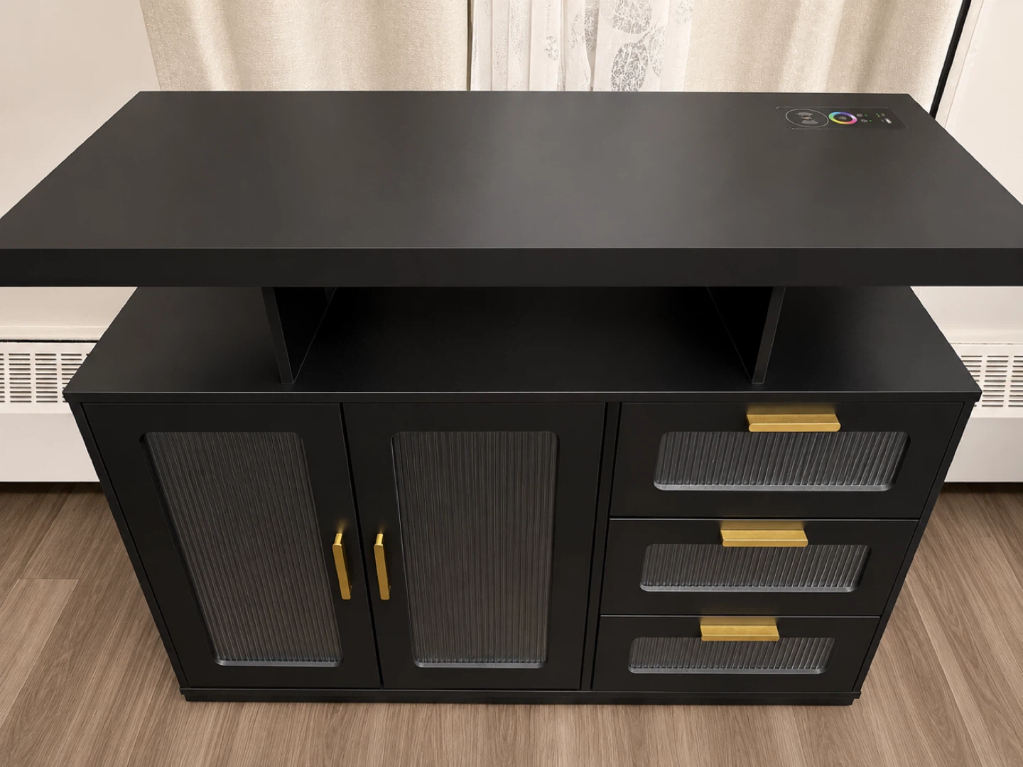 Black Media Console with Gold Accents
