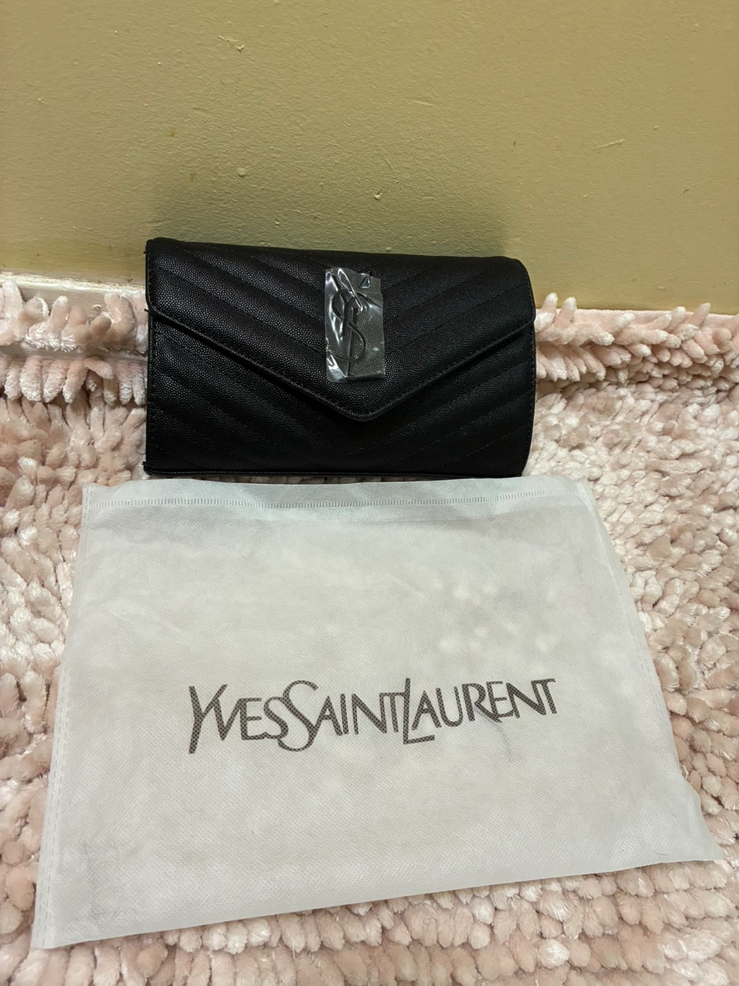 Saint Laurent Black Leather Chevron Chain Wallet