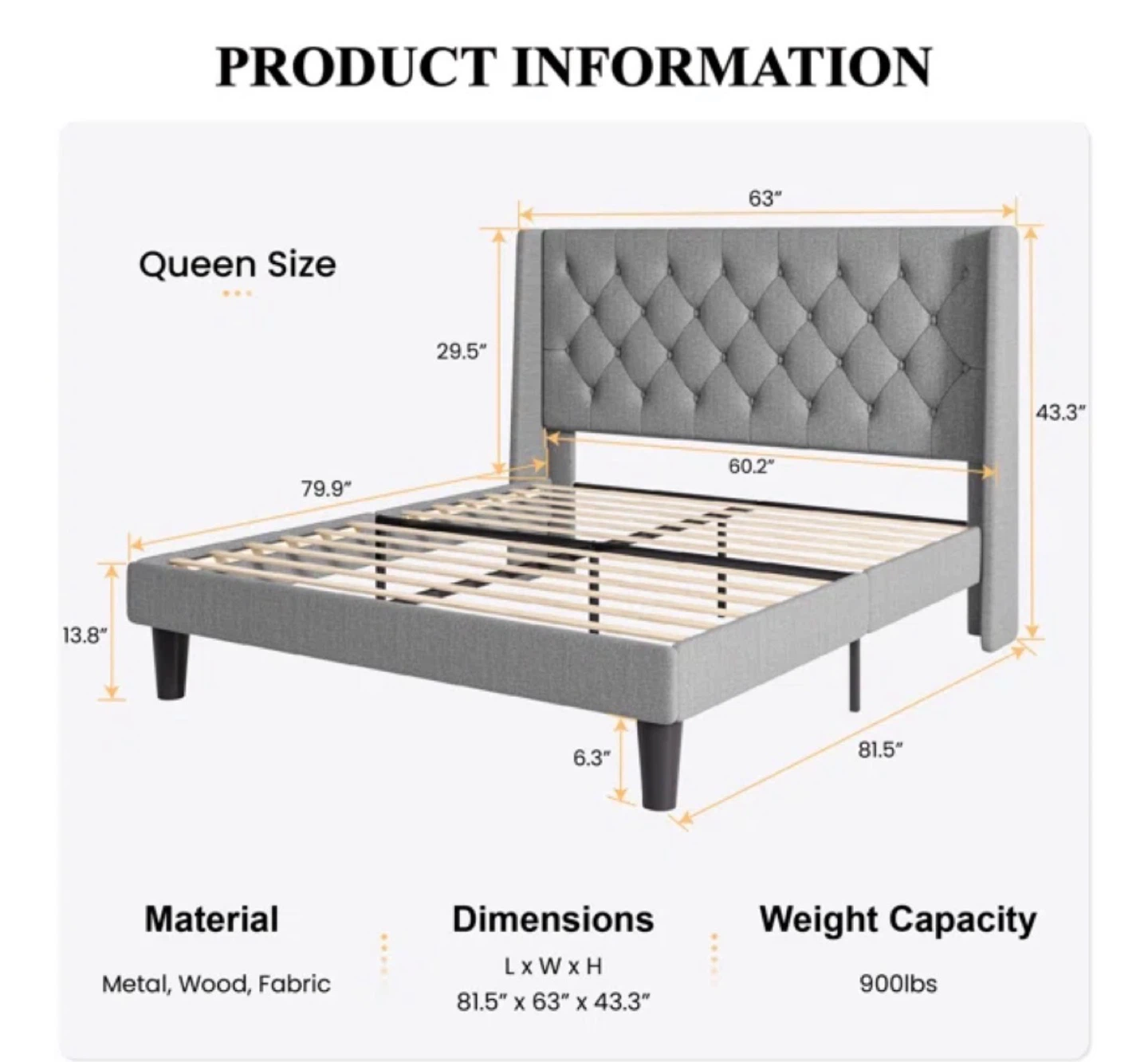 Grey Queen Size Upholstered Platform Bed Frame