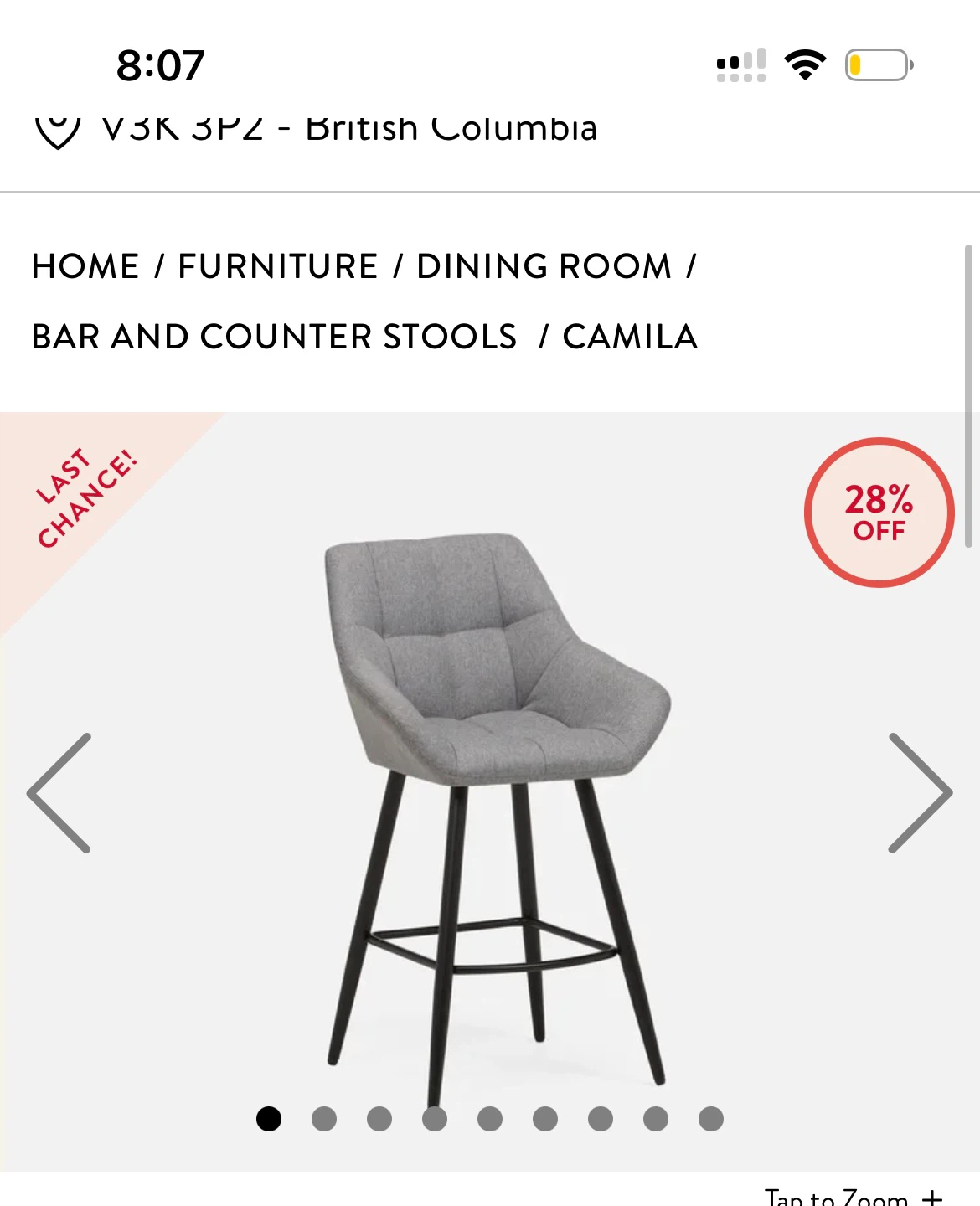 Camila Grey Upholstered Counter Stool X3