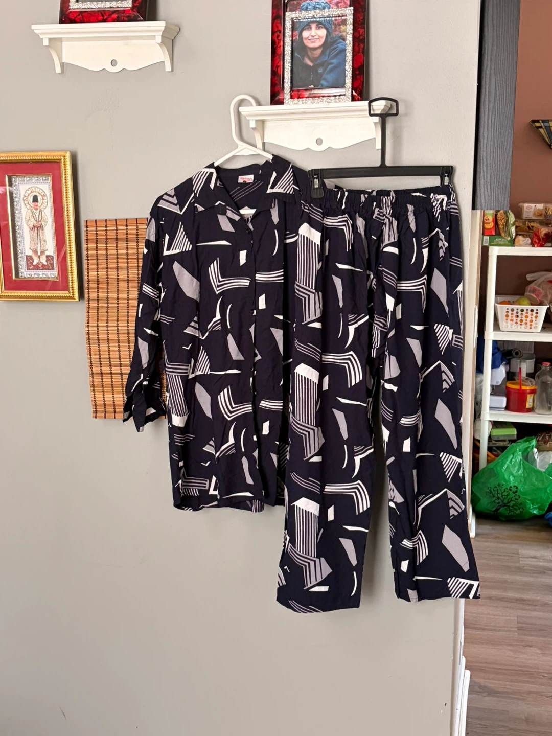 WOMENS Pajama Set - Navy Blue Geometric Print - Size L