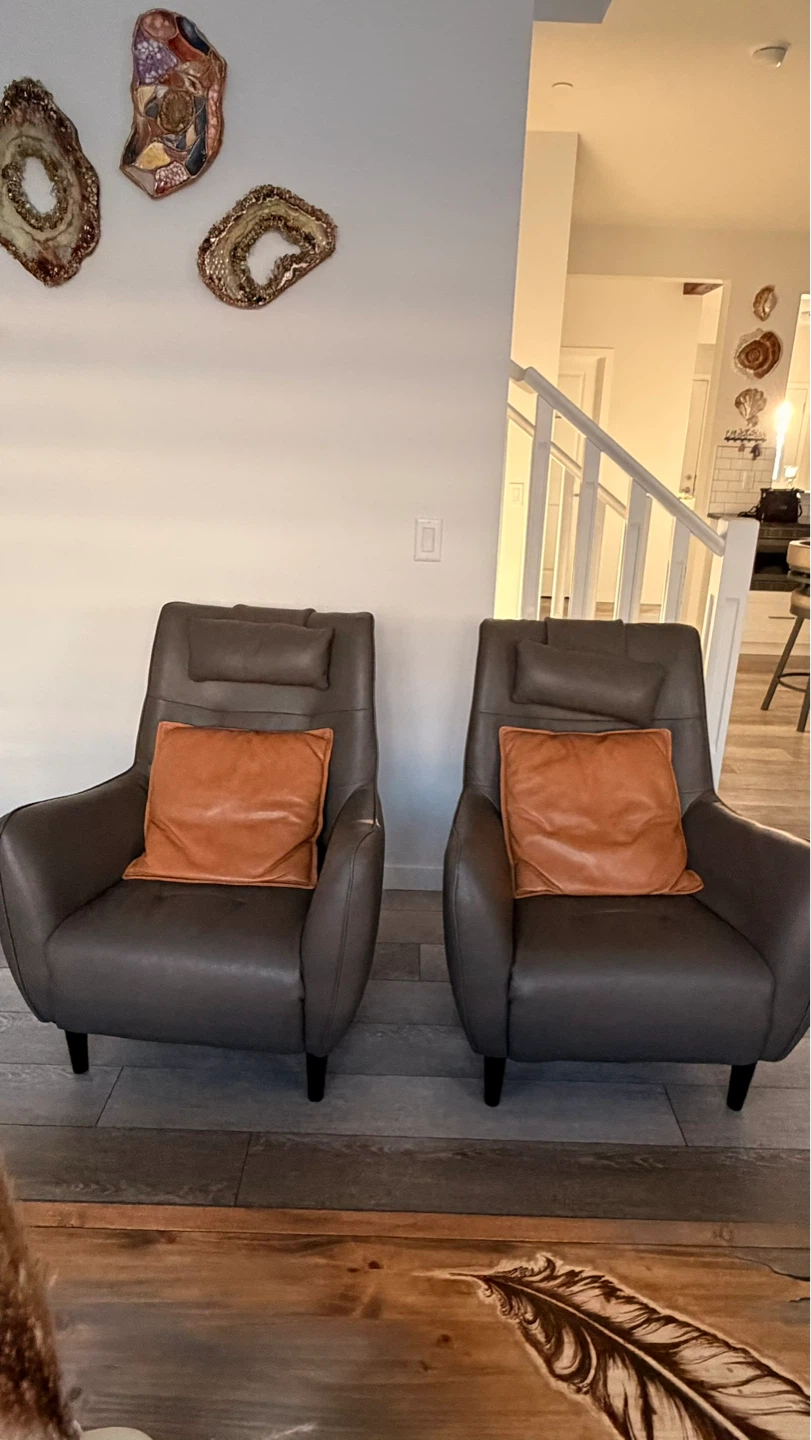 Grey Leather Armchairs with Orange Pillows (Set of 2)