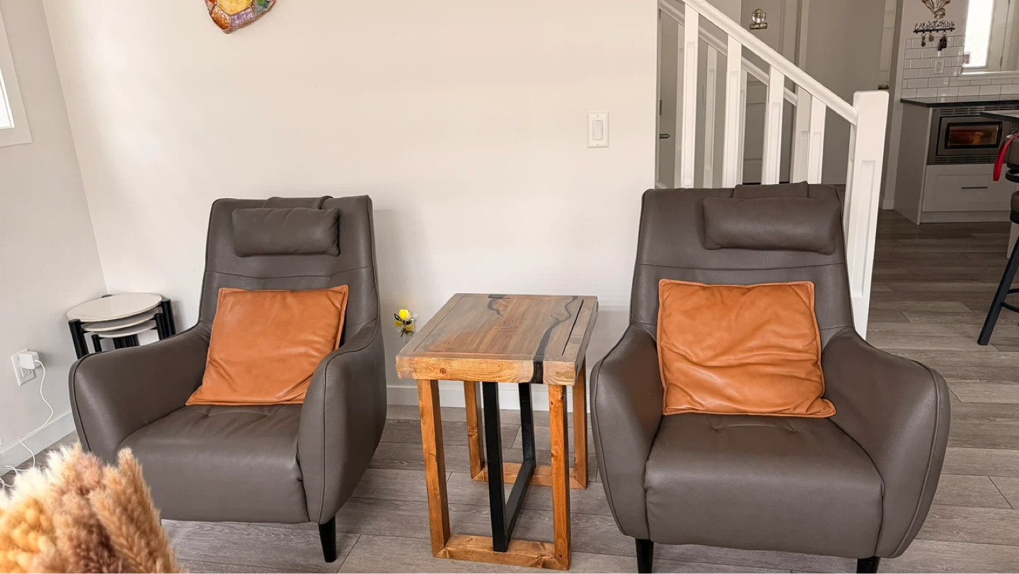 Grey Leather Armchairs with Orange Pillows (Set of 2) - photo 2