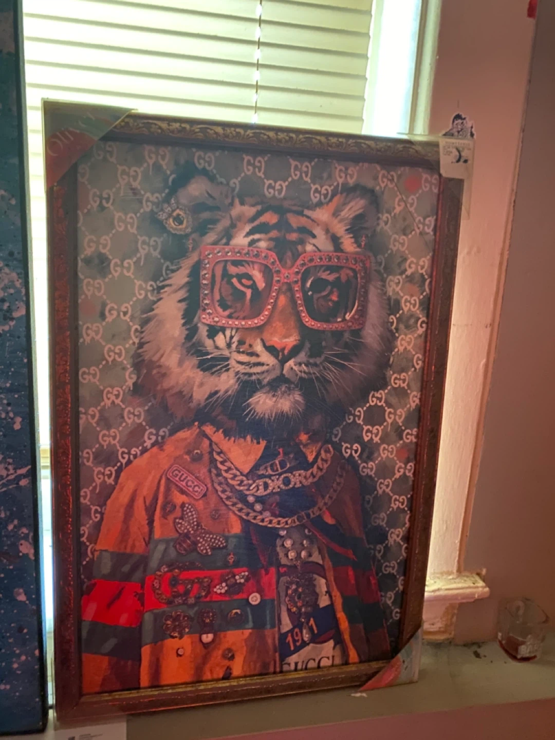 Framed Tiger Portrait Wall Art with Designer Logo Pattern