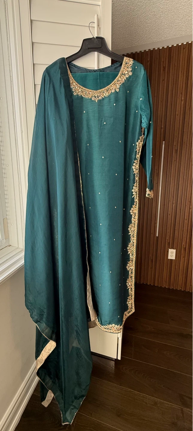 Teal Embroidered Kurti and Dupatta 3 piece set - photo 3