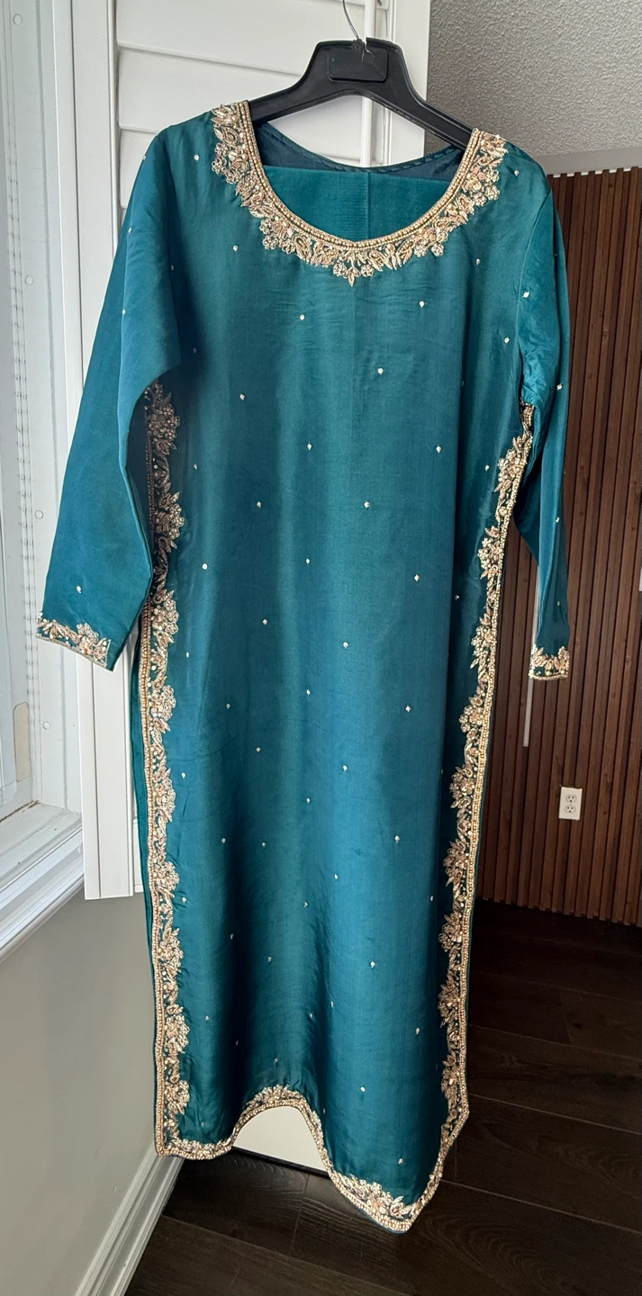 Teal Embroidered Kurti and Dupatta 3 piece set - photo 2