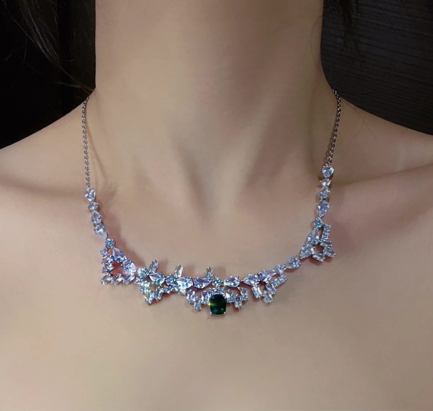 Dazzling Emerald & Diamond Crystal Statement Necklace