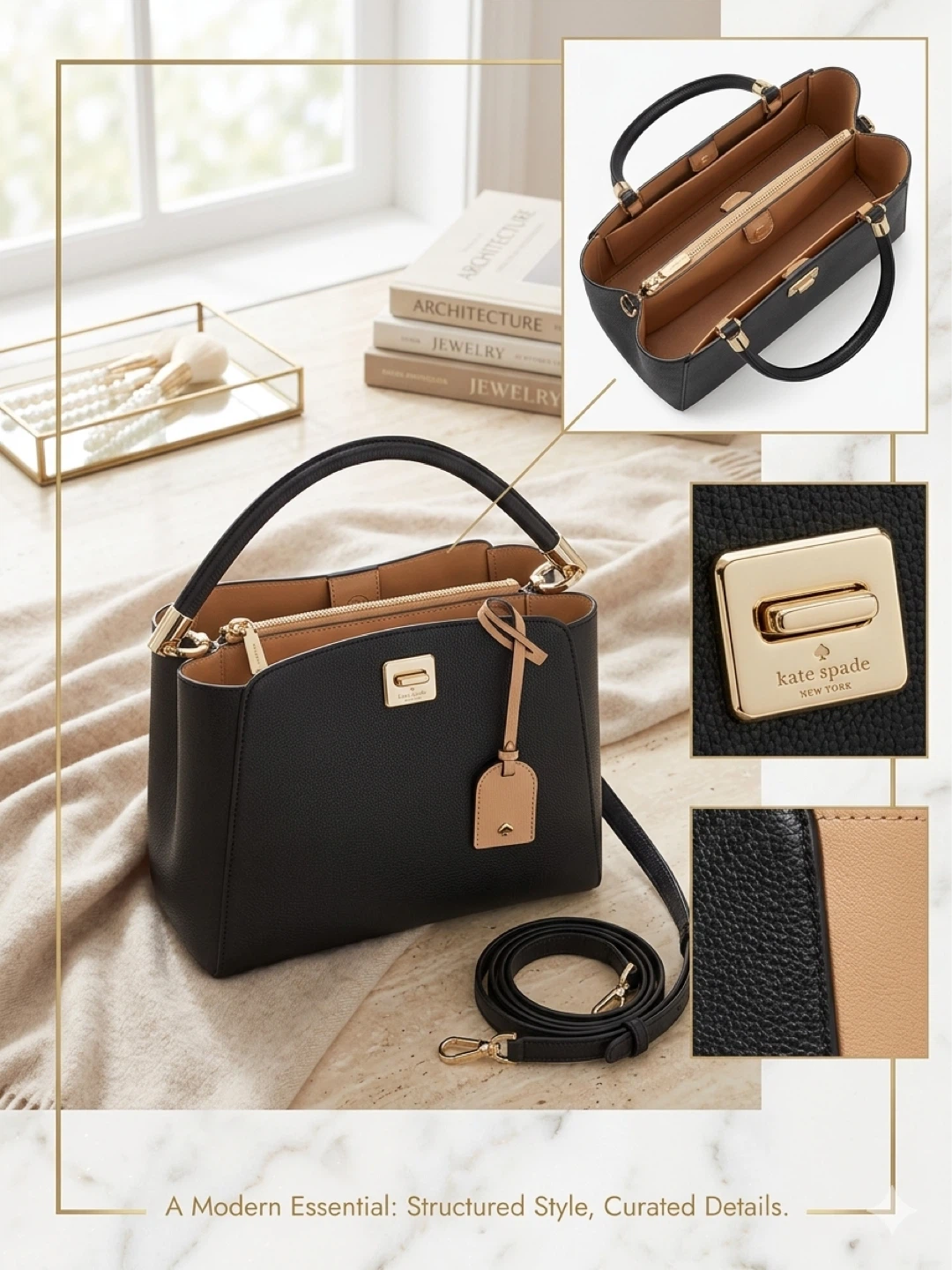 Kate Spade New York Black Leather Satchel Handbag with Strap