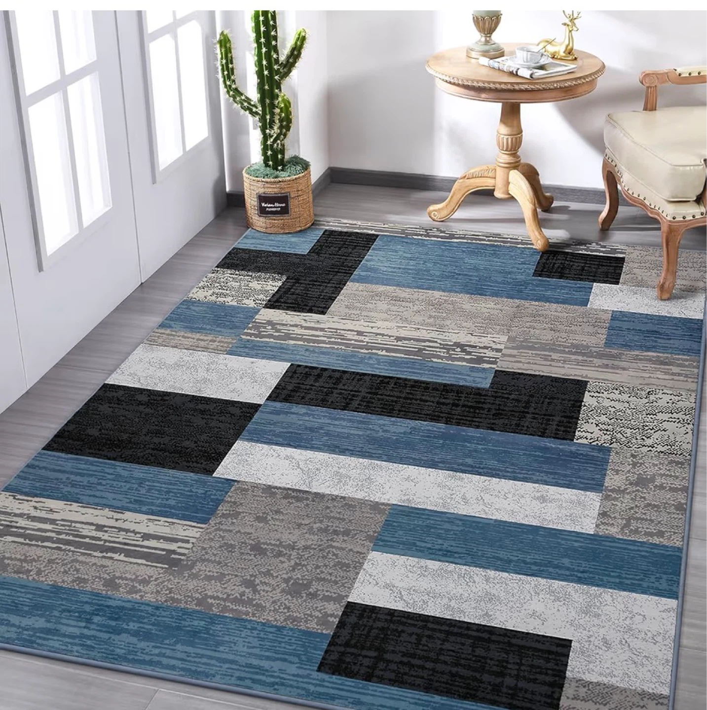 Modern Geometric Patchwork Area Rug, 6x9 Blue