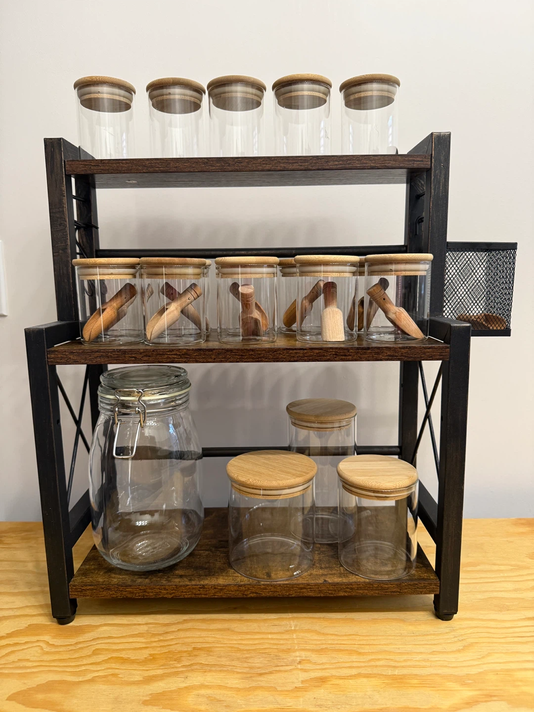 Metal and wood stand with Glass Jars with Bamboo Lids and Scoops