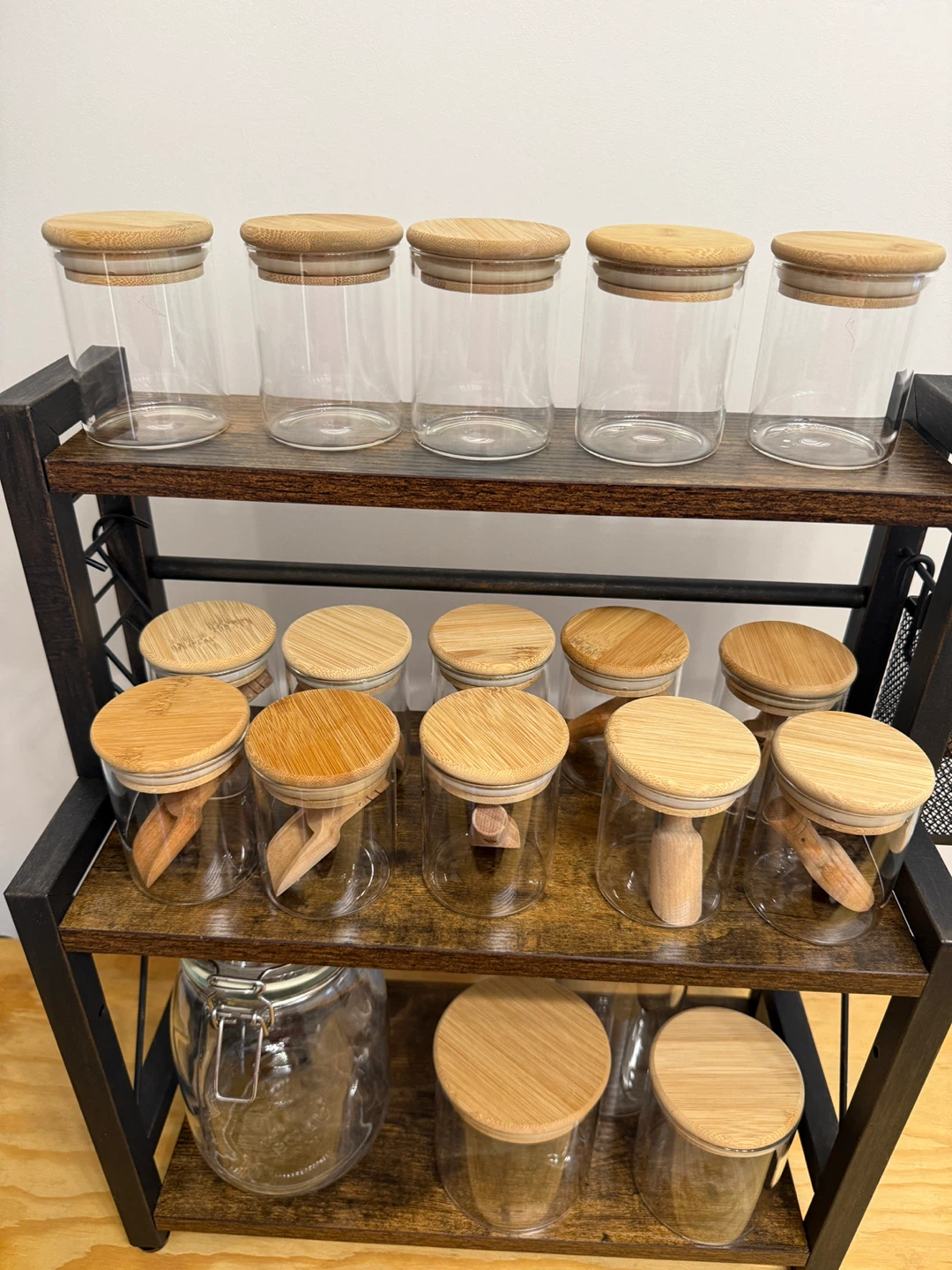 Metal and wood stand with Glass Jars with Bamboo Lids and Scoops - photo 2
