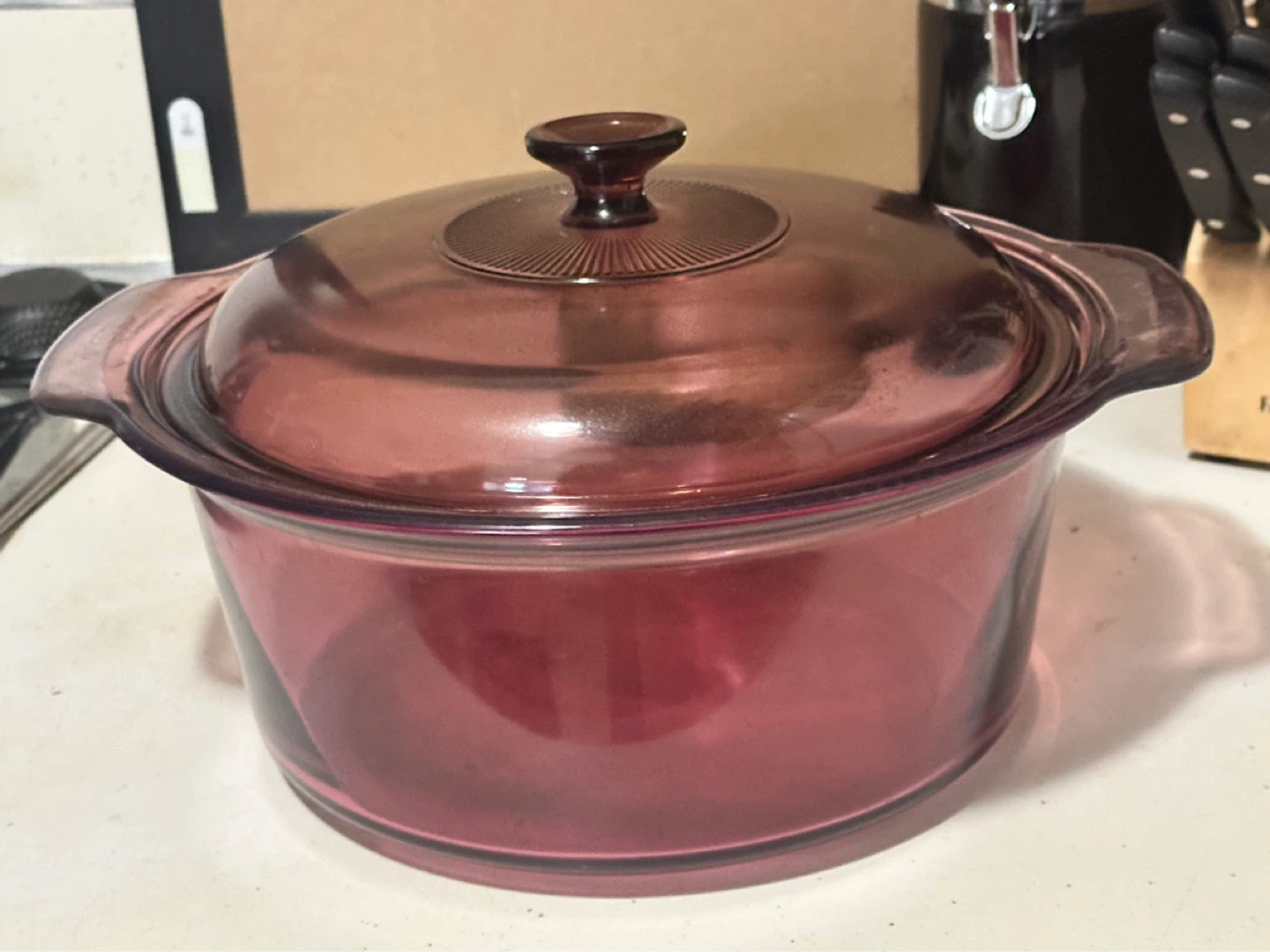 vintage Corning Visions 5-quart cranberry glass Dutch oven