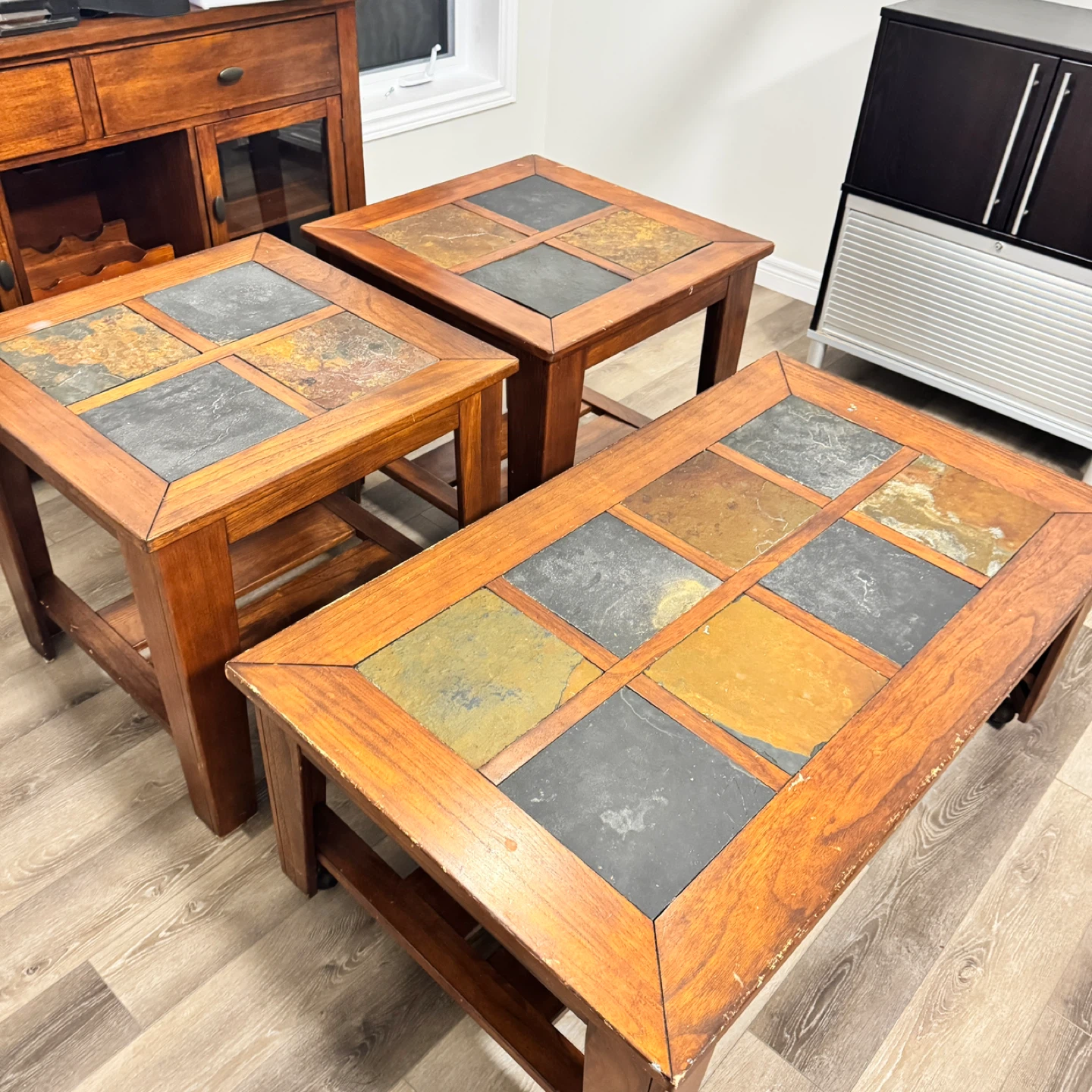 Set of 3 Wood and Slate Accent Tables