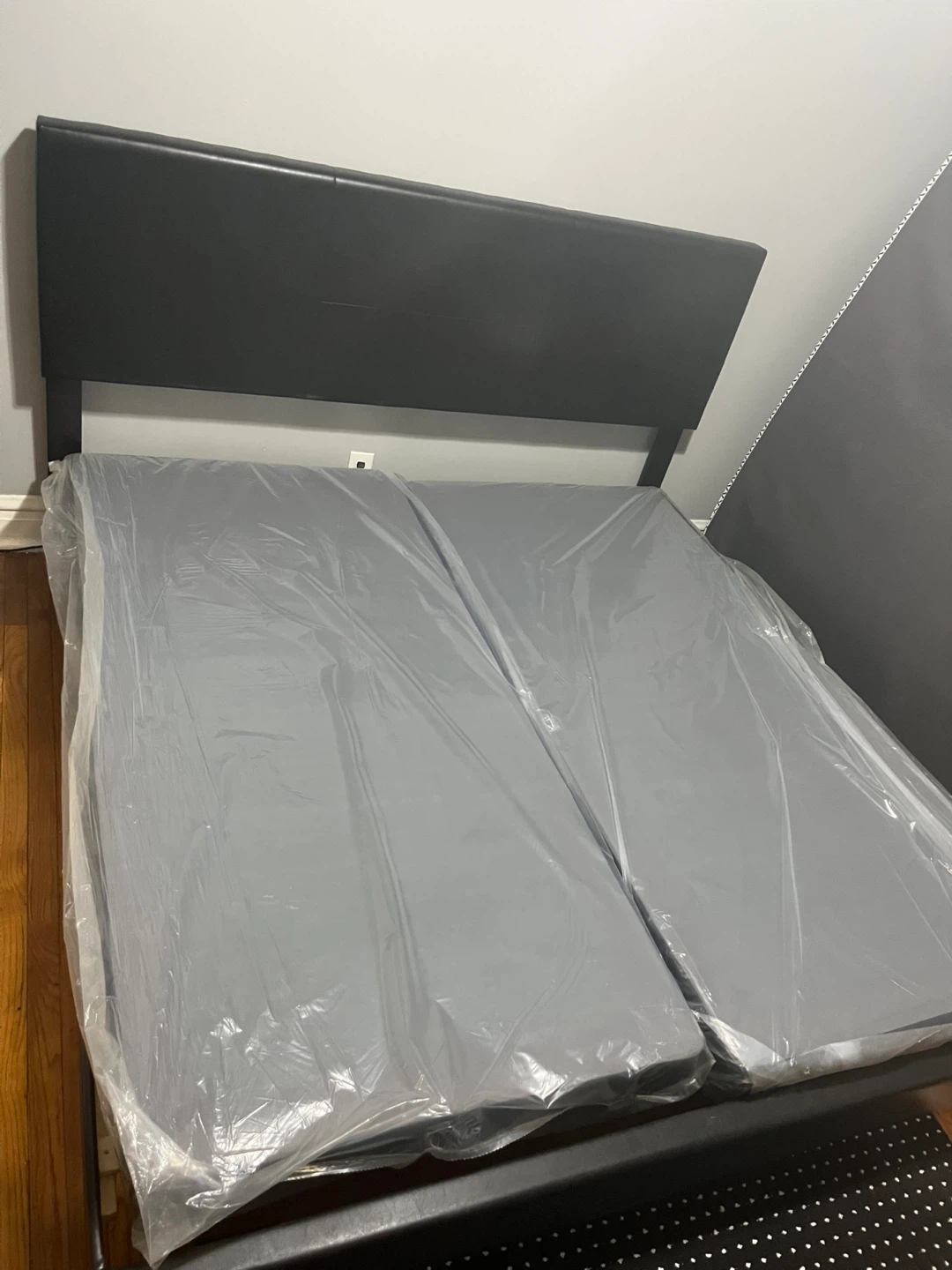Black Faux Leather Headboard Bed Frame with two Mattresses