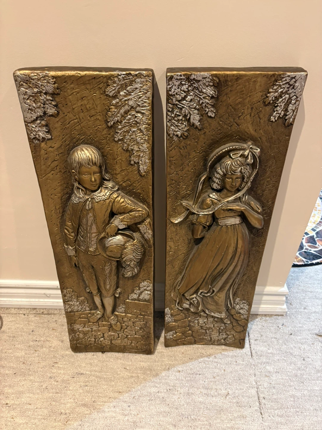 Vintage Boy and Girl Wall Plaques - Pair