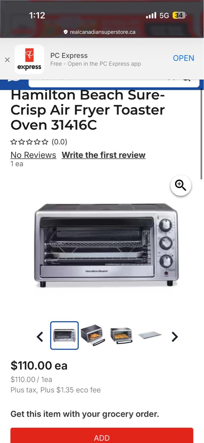 Hamilton Beach Sure-Crisp Air Fryer Toaster Oven 31416C