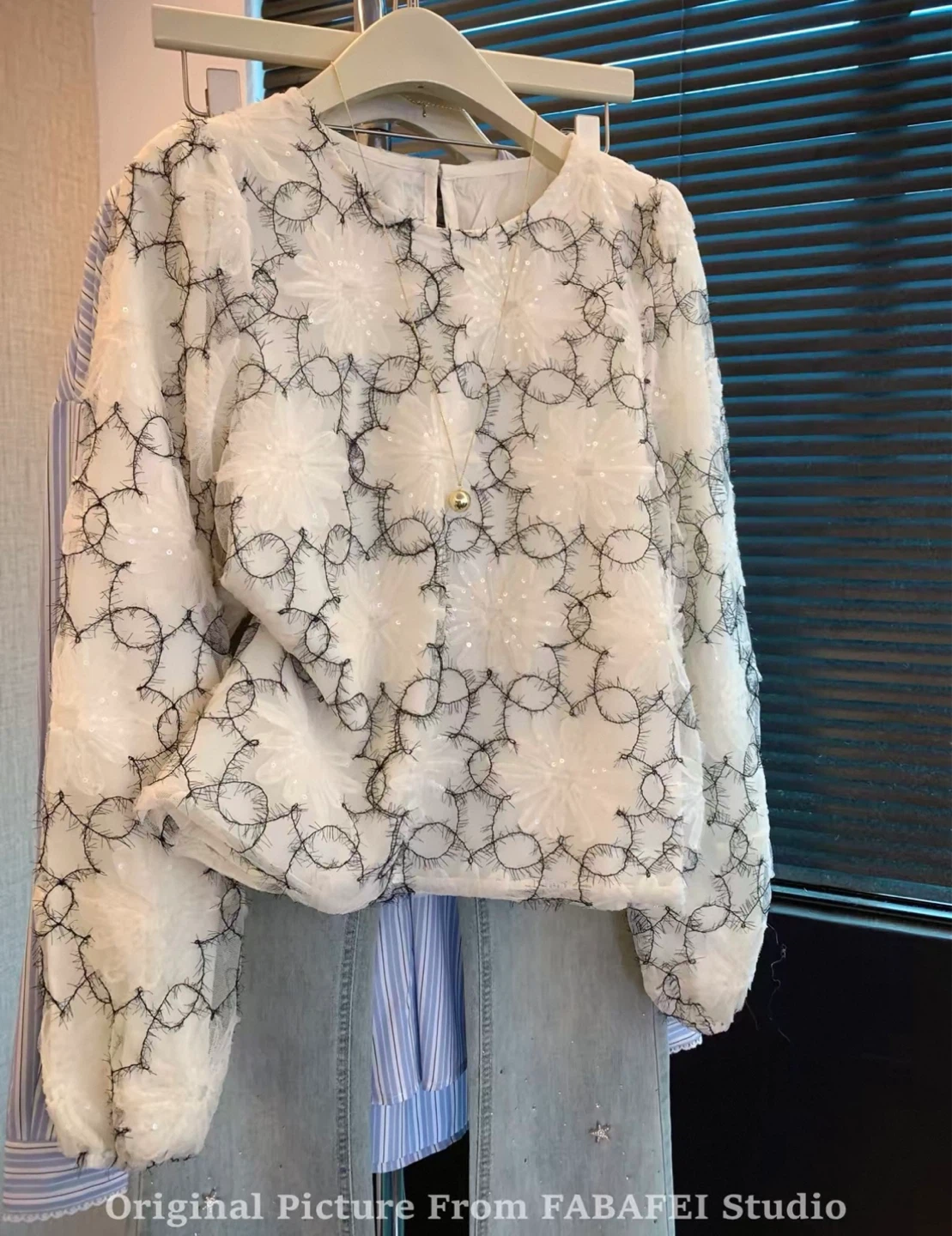 Beautiful White Embroidered Sheer Blouse Size M