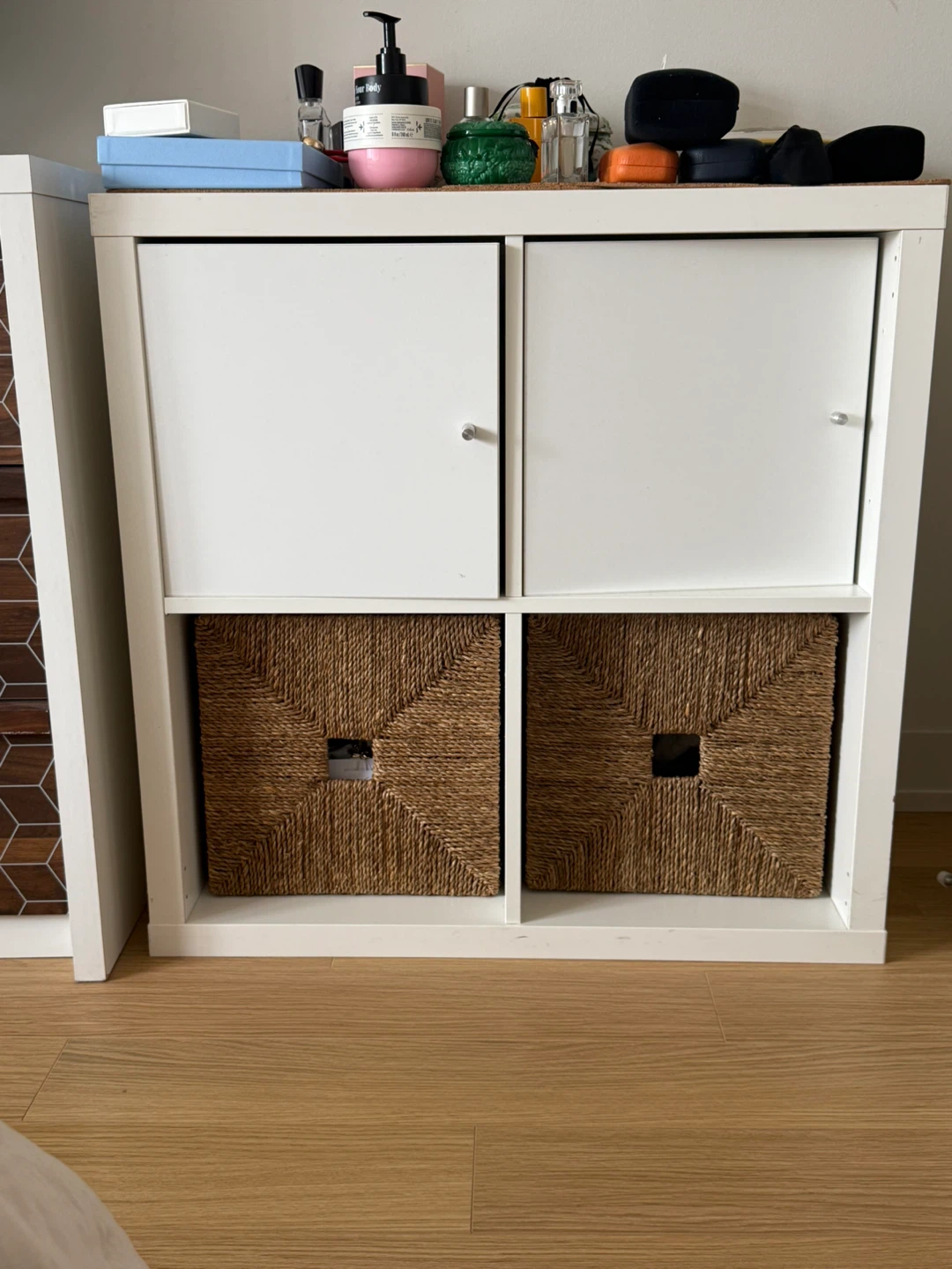IKEA KALLAX 4-Cube Storage Unit with White Doors & Baskets