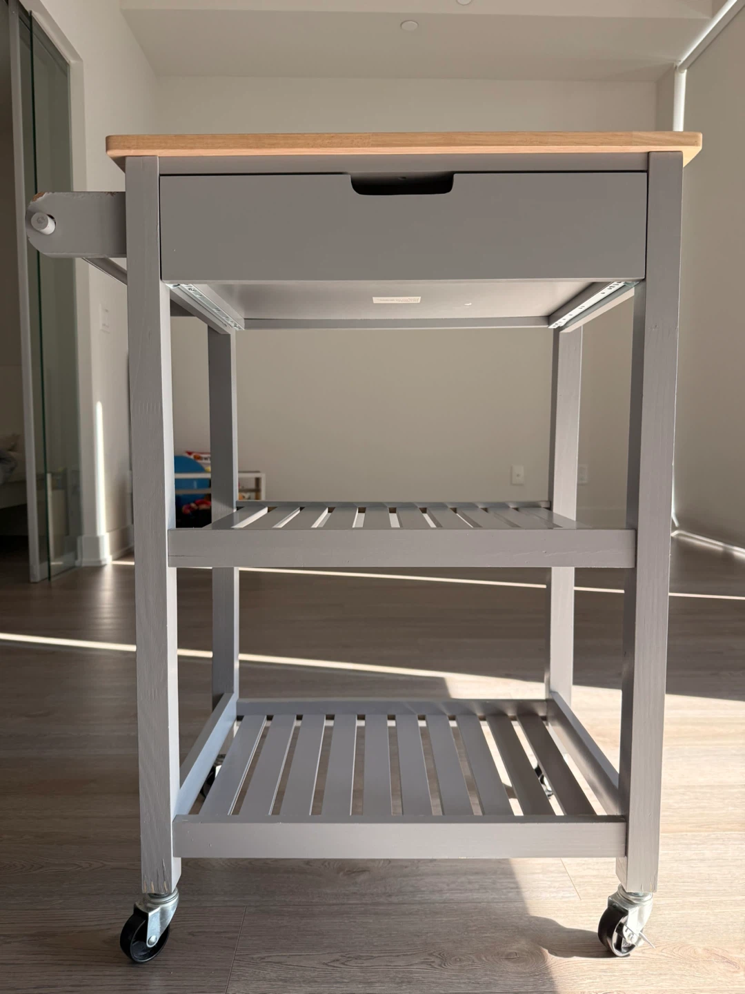 Gray Kitchen Cart with Wooden Top and Drawer