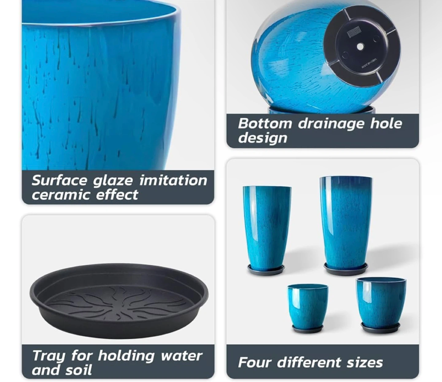 Blue Glazed Planter Pots with Trays - 4 Sizes - photo 4