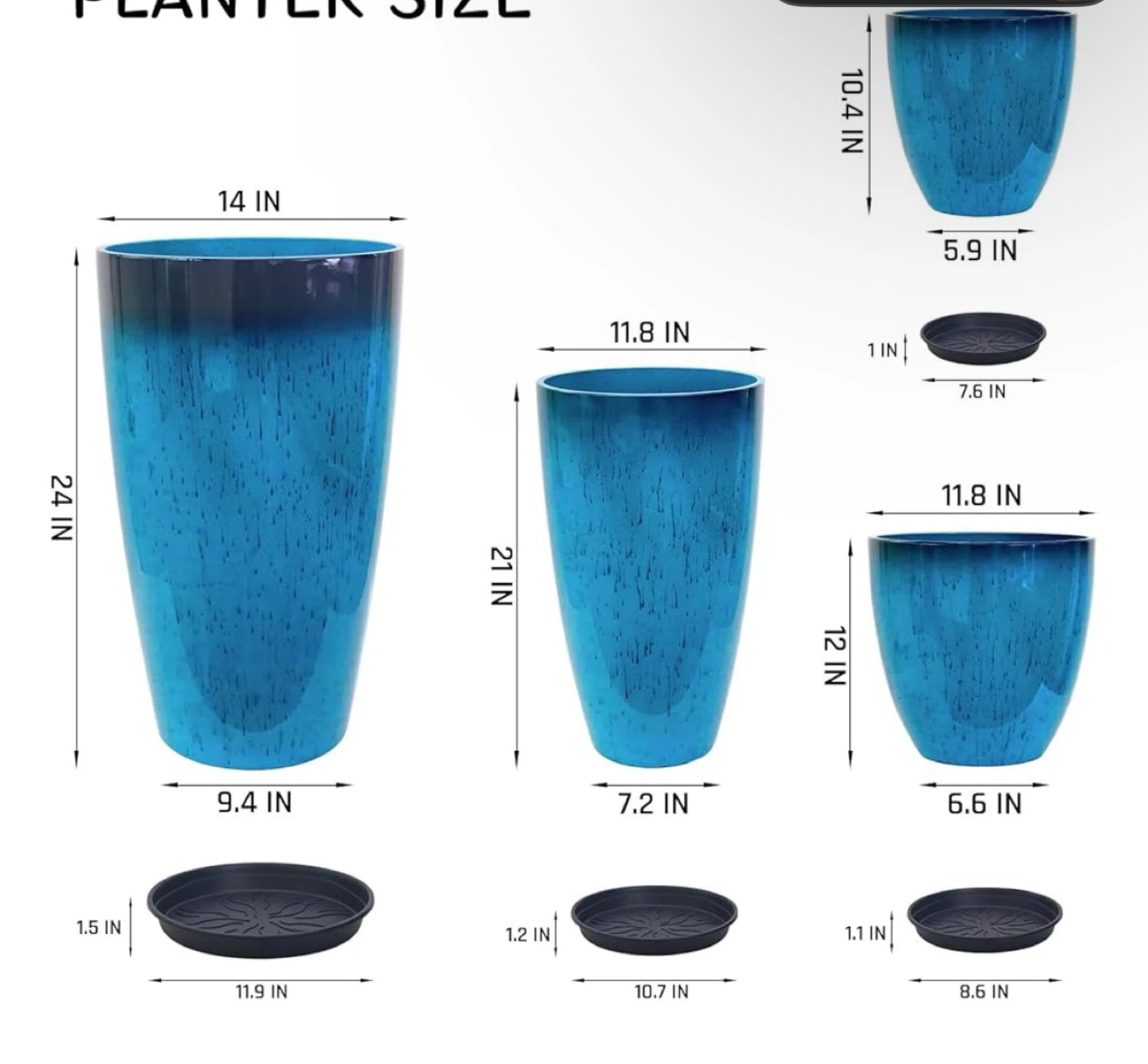 Blue Glazed Planter Pots with Trays - 4 Sizes - photo 3
