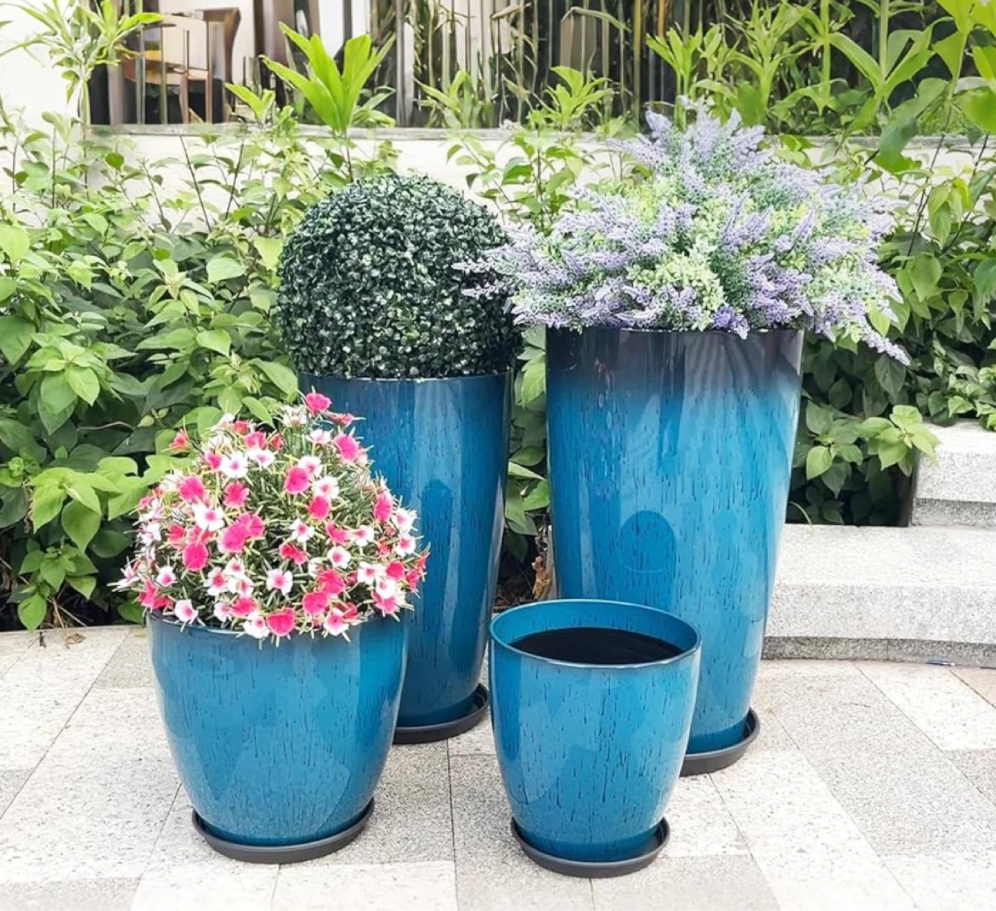 Blue Glazed Planter Pots with Trays - 4 Sizes - photo 2