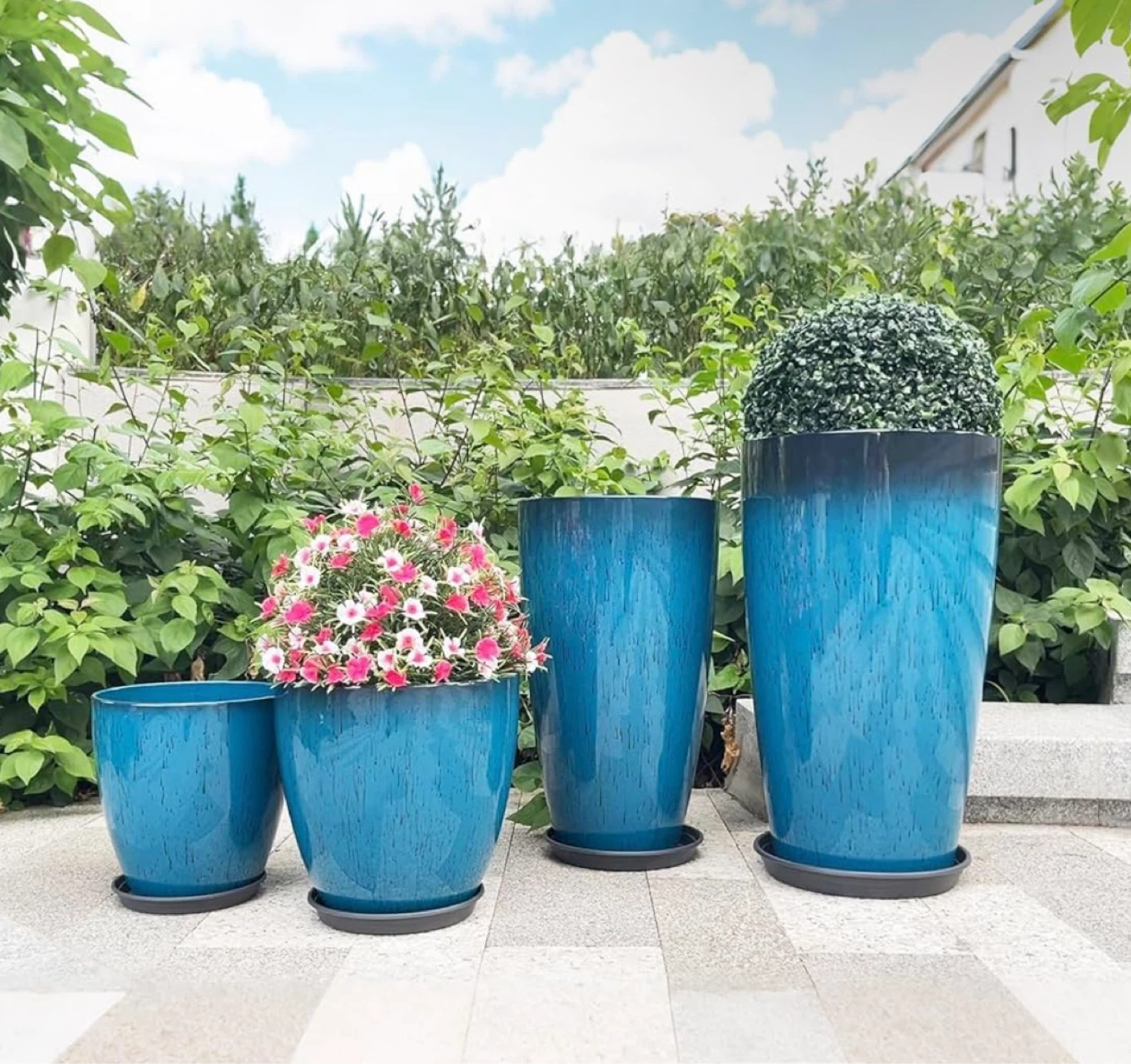 Blue Glazed Planter Pots with Trays - 4 Sizes