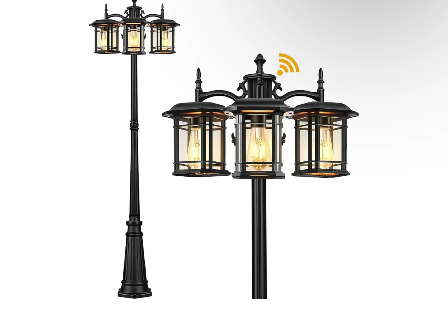 Black 3-Head Lamp Post with Dusk to Dawn Sensor