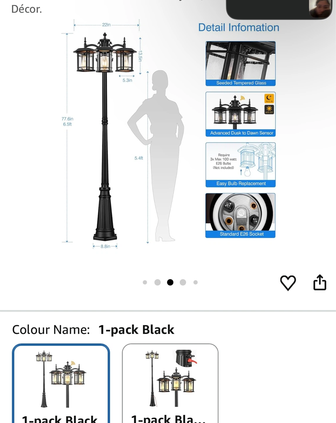 Black 3-Head Lamp Post with Dusk to Dawn Sensor - photo 4