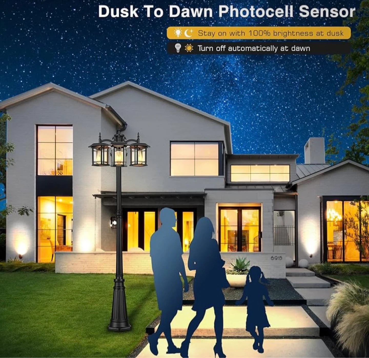 Black 3-Head Lamp Post with Dusk to Dawn Sensor - photo 2